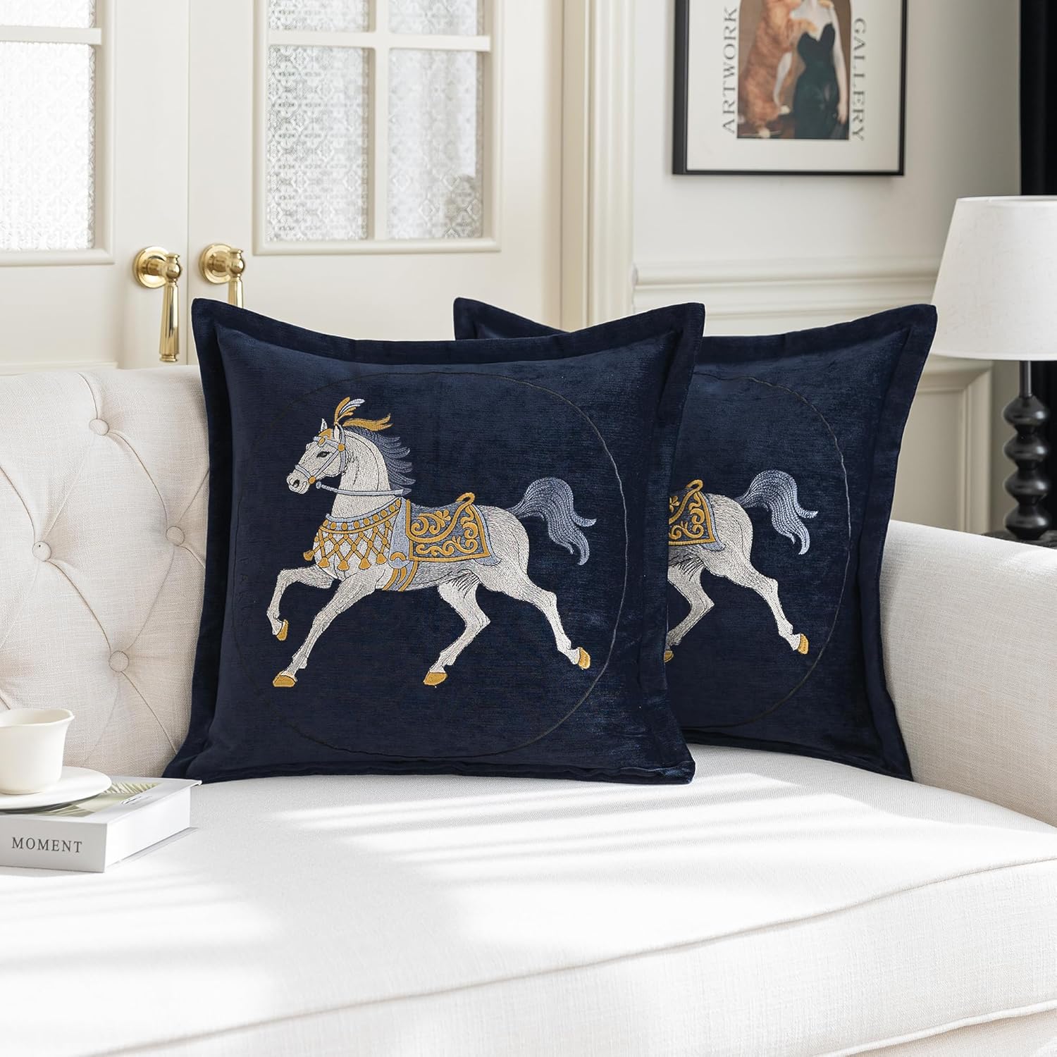 1-Piece Luxury Decorative Throw Pillow Covers 20x20 Inch, Horse Embroidery Chenille Cushion Cover, Modern Style Square Pillowcase for Living Room Bedroom Couch Sofa(Blue)