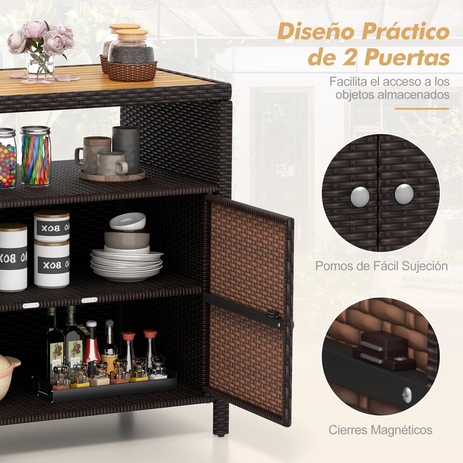 COSTWAY Armario Baja Exterior de Ratán, Armario terraza con Compartimento Abierto y Gabinete Cerrado, Aparador de Mimbre de 2 Puertas Terraza Jardin Exterior, 90 x 53 x 86 cm (marrón)