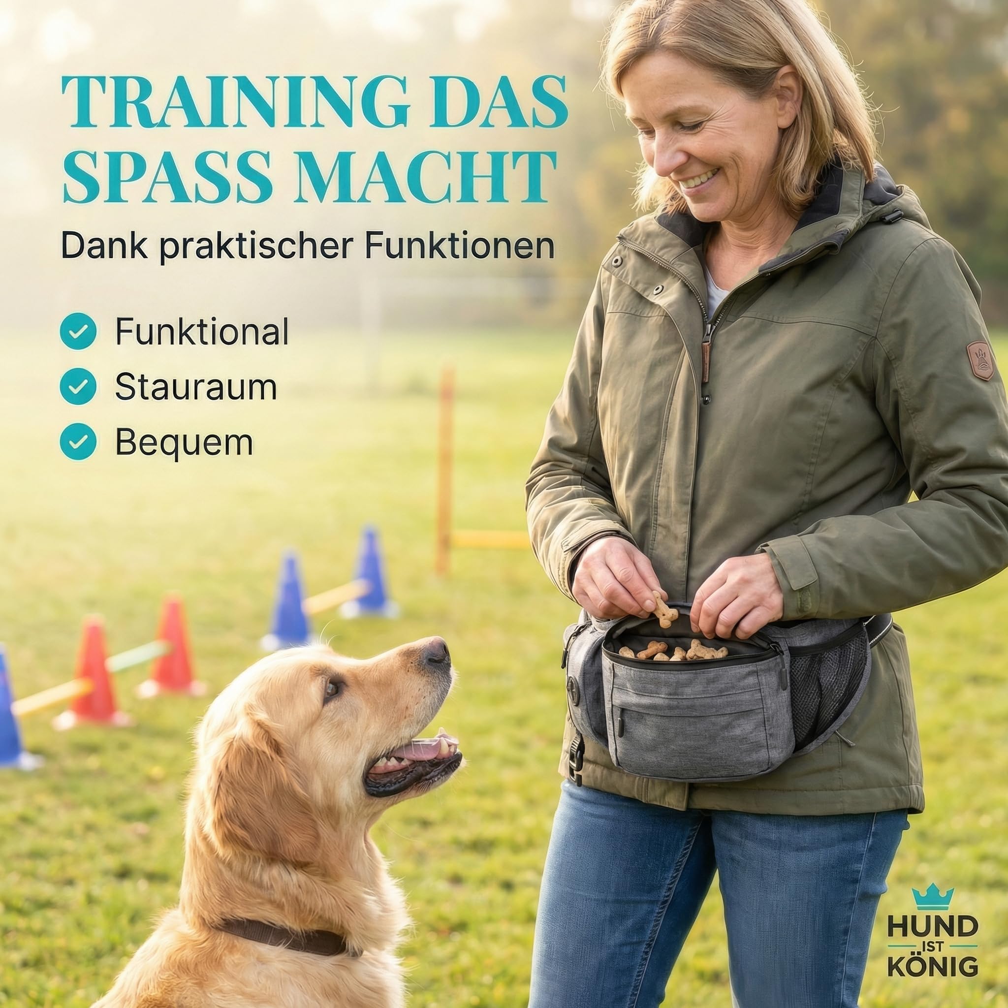 HUND IST KÖNIG Borsa per cani e accessori per cani – Robusto marsupio per cani – Borsa per cibo per cani con dispenser per sacchetti, scomparto per cellulare e tracolla per cavi flessibili