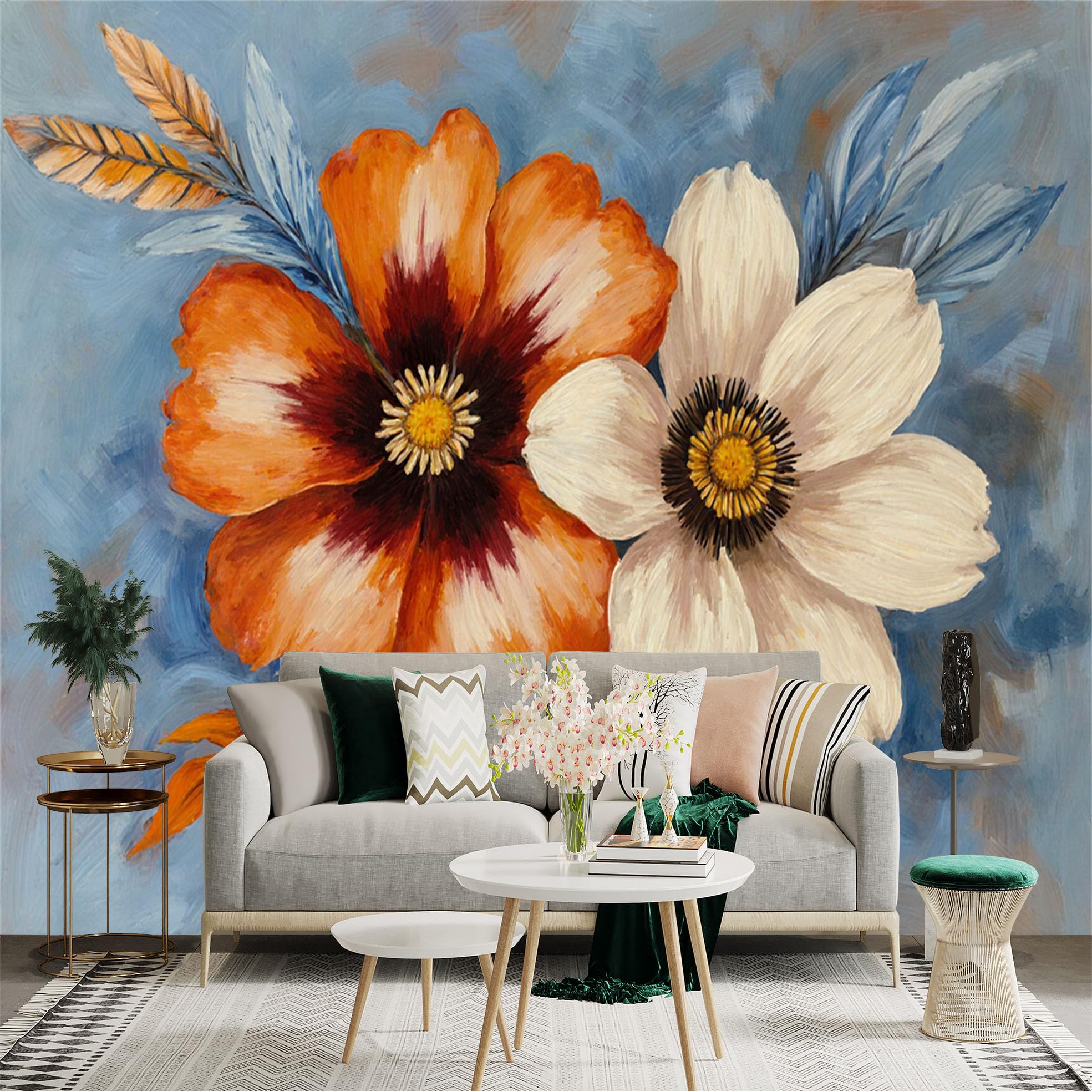 Custom Size Wall Sticker Mural， Orange and White Blossoms， Oil Painting Floral Art， Artistic Botanical Illustration， for wall Decoration， peelandstick wall Decals.