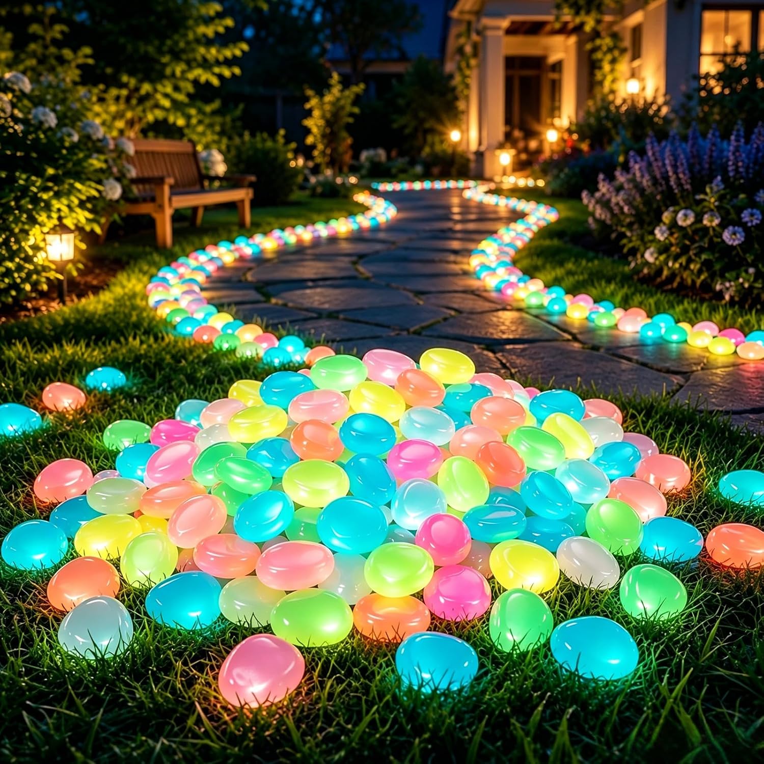 2026 Colorful Glow-in-the-Dark,Garden Stones Night Guide Luminous Pebbles Rainbow Glow,for Outdoor Garden & Aquarium Decor for Pathways,Fish Tank, Aquarium Decoration