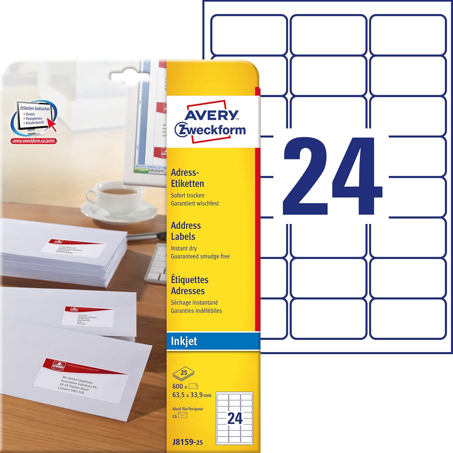 Avery Zweckform J8159-25 Address Labels 63.5 x 33.9 mm 25 Sheets with 600 Total Labels White