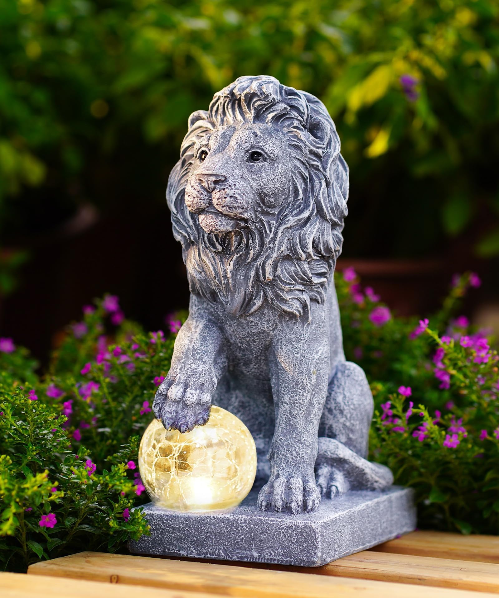 Guardian Lion Garden Statue: Outdoor Decor Sculpture with Ball Lights for Yard Art Porch Patio - Unique Birthday Gifts for Women Mom(9.45in)