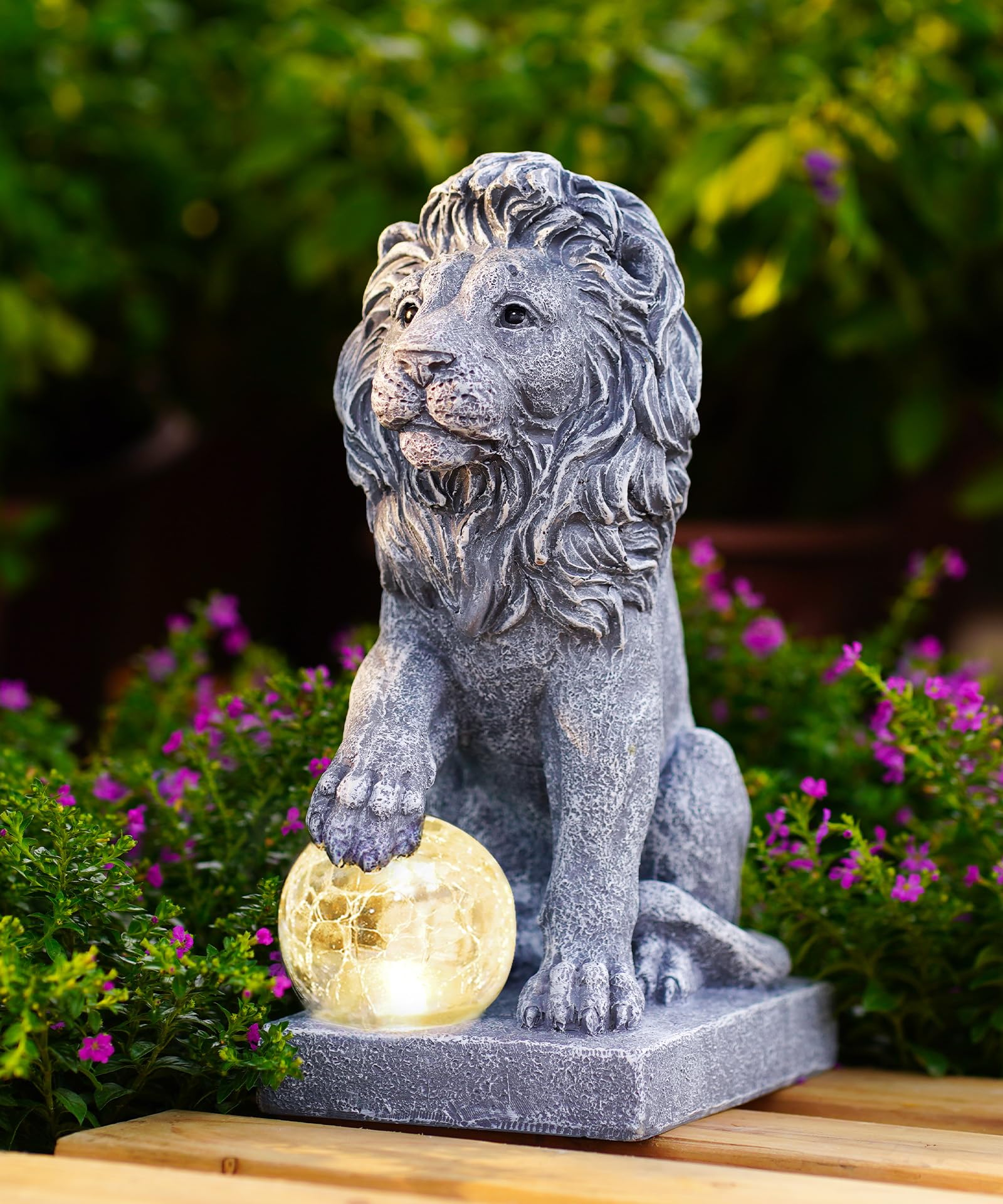 Nacome Guardian Lion Garden Statue: Outdoor Decor Sculpture with Ball Lights for Yard Art Porch Patio - Unique Birthday Gifts for Women Mom(9.45in)
