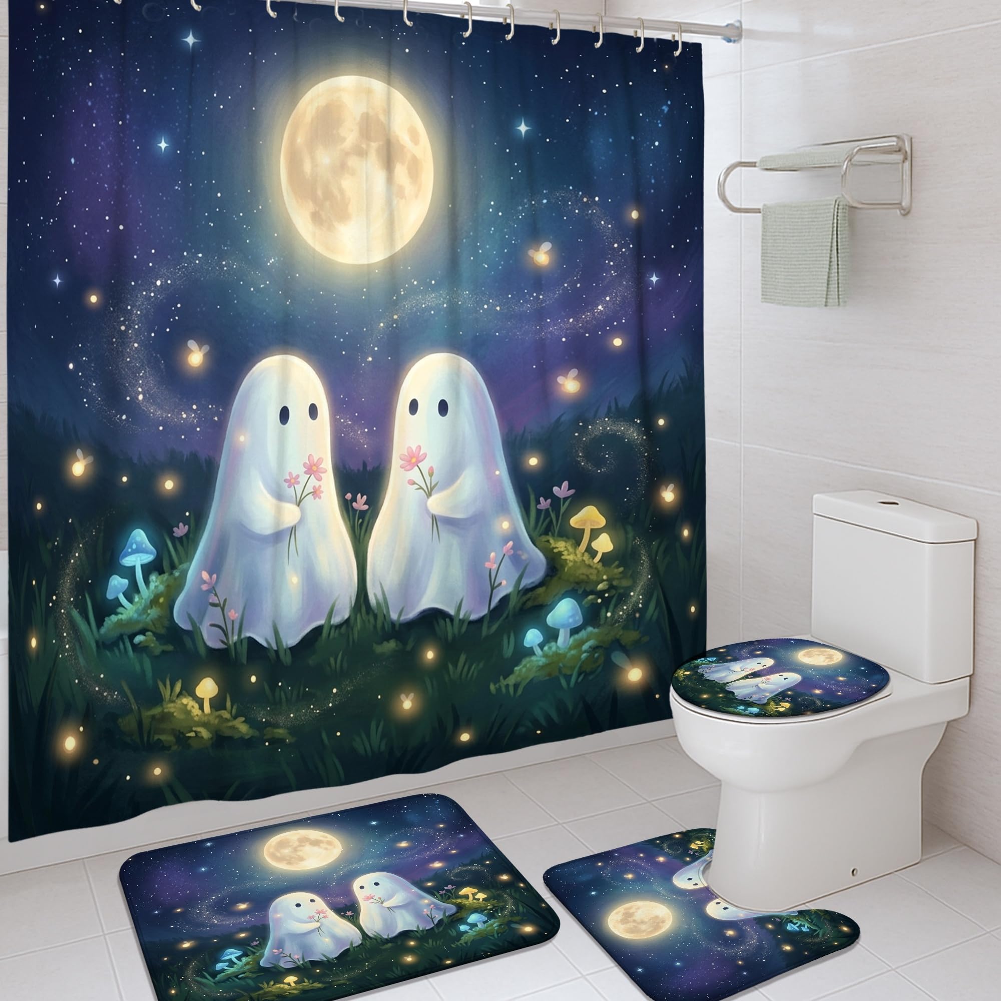 Rideau de douche fantôme et fleurs pour créer une ambiance d'Halloween ludique