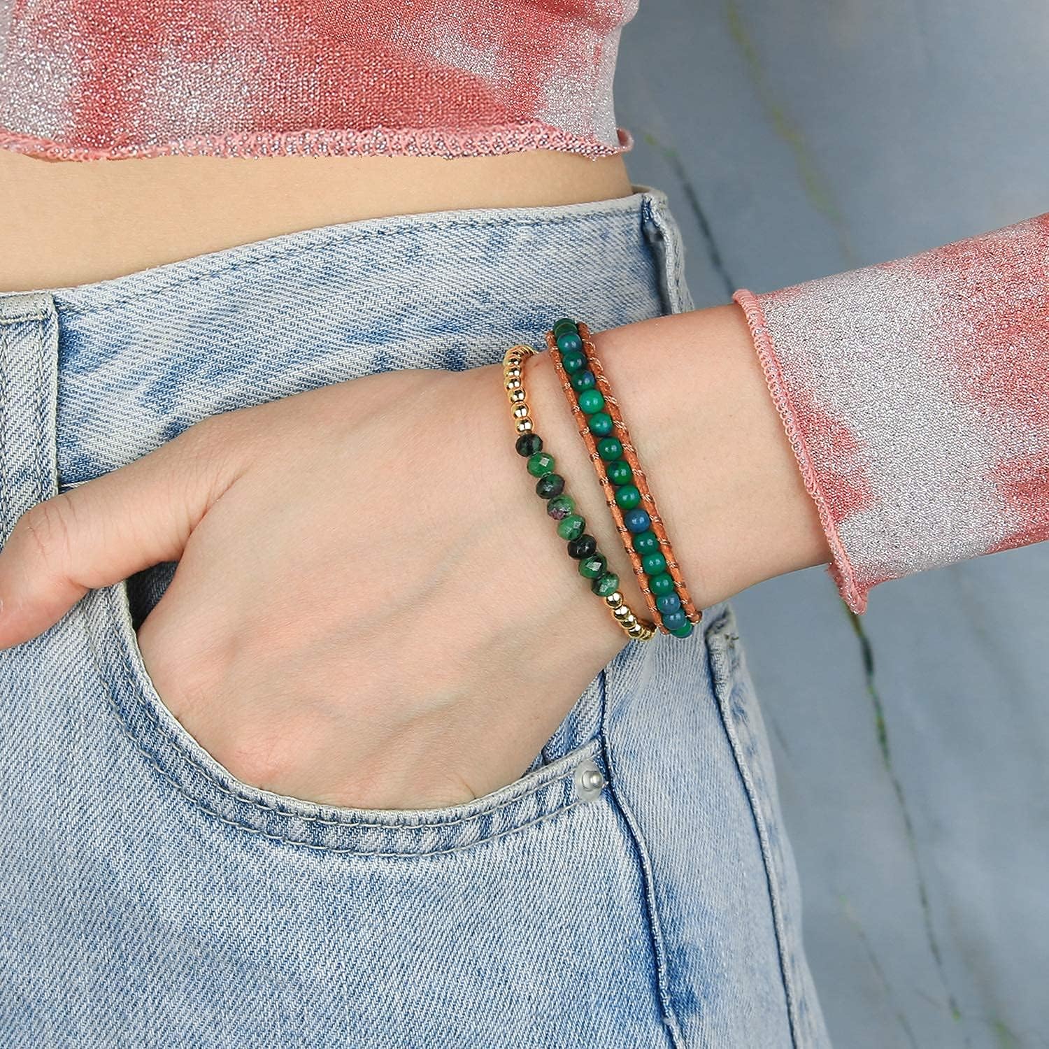 KELITCH Natural Turquoise Wrap Bracelet New Crystal Beaded Strand bracelet for Womens (Flower Green), Green,Turquoise, 8 inches - Image 4