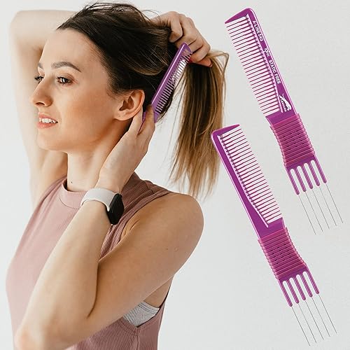 Miniatura 4 de 4 peines de carbono con puntas de metal para levantar pelos, peine de elevación de pelo y peine de peluquería con 5 pasadores de acero inoxidable