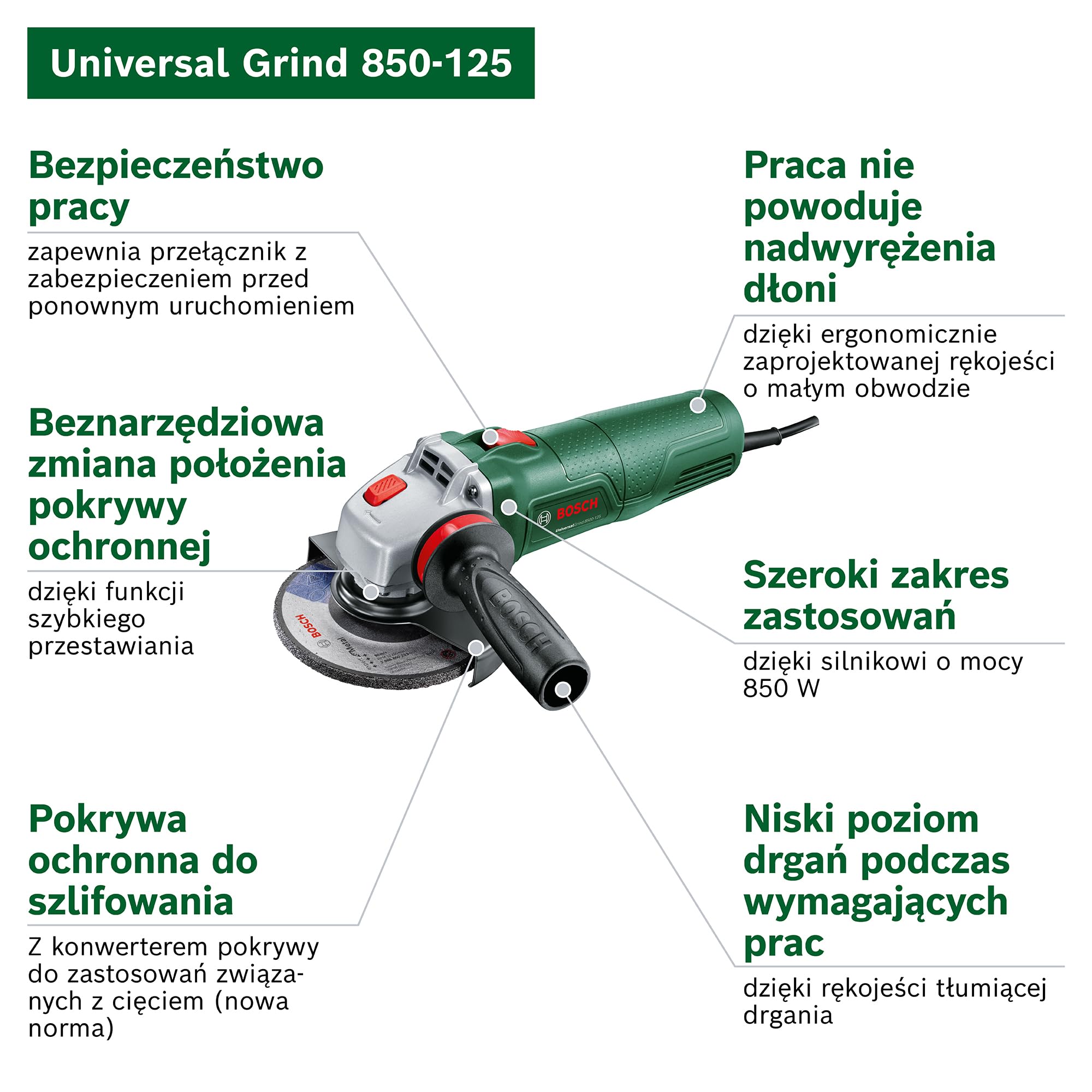 Bosch Sieciowa szlifierka kątowa UniversalGrind 850-125 (do cięcia i szlifowania różnego rodzaju materiałów, 850 W, średnica 125 mm)