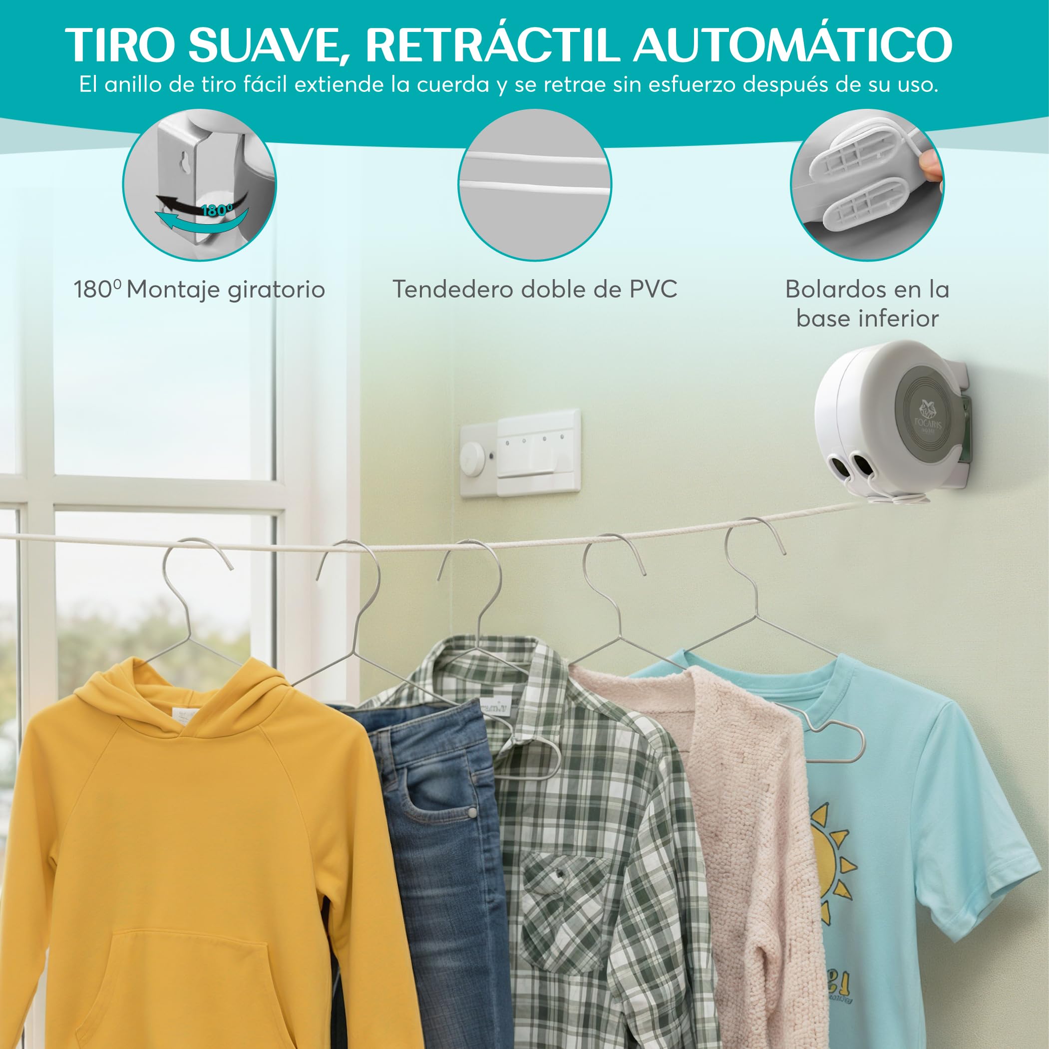 FOCARIS Home Tendedero Extensible Pared Tendedero 30 Metros + 30 kg máx. repartidos en 2 Cuerdas Alta Capacidad secador Ropa Fácil instalación Kit instalación Completo Packaging presentación Regalo