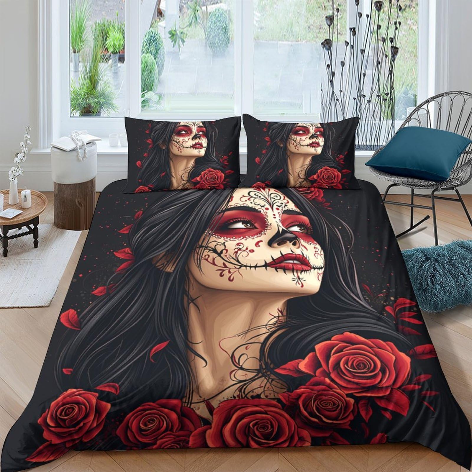 Ctjqhvkz Style-5 3D Printed Day Of The Dead Fitted Sheet Microfiber Soft Rose Skull Bed Cover For Bedroom Guest Room Decor Single（135X200cm）