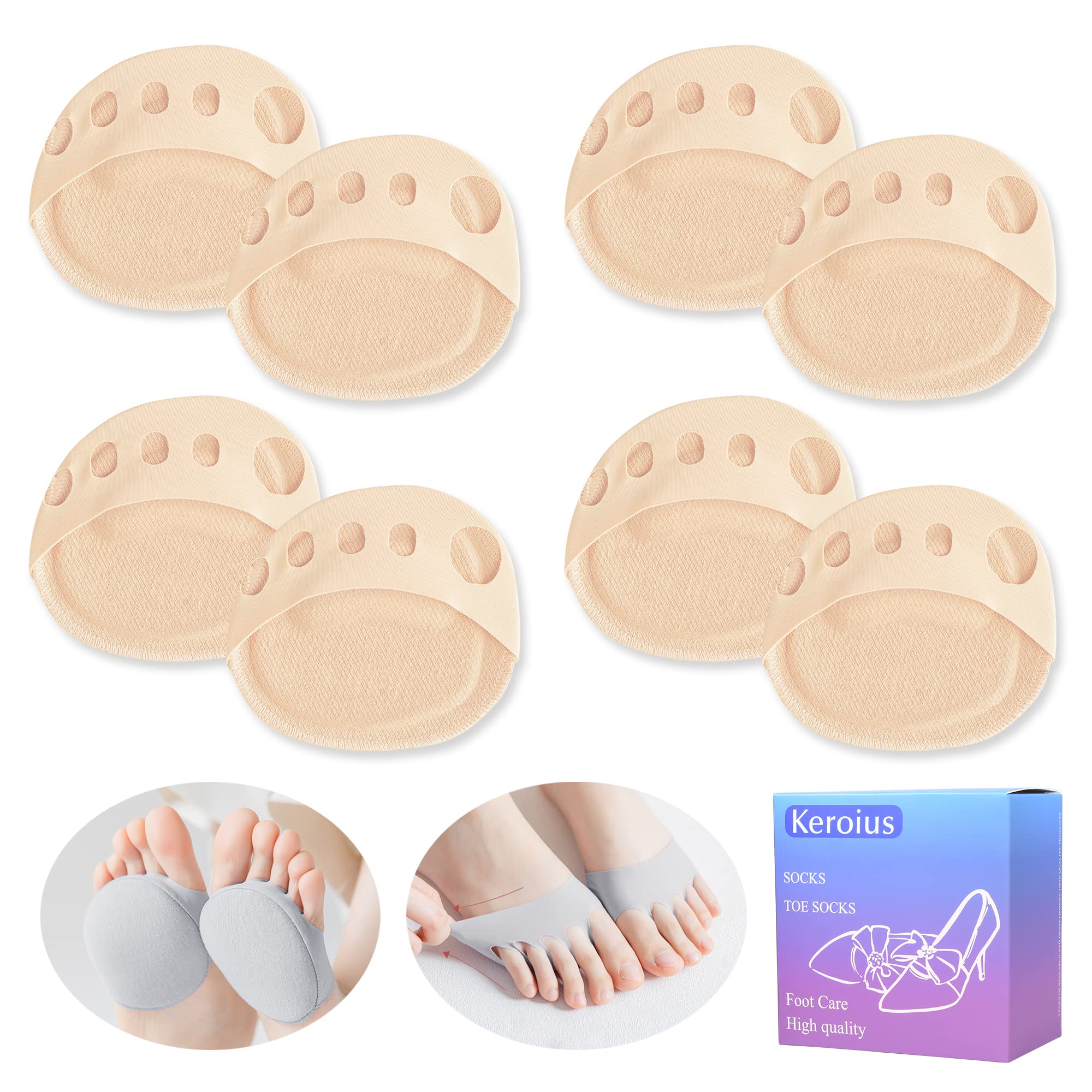 Ball of Foot Cushions Pad,4 Pairs Honeycomb Fabric Forefoot Pads for Metatarsal,No Show Women's Half Socks Pads Invisible Toe Topper Liner Socks Sponge Cushion (4 Pairs Beige)