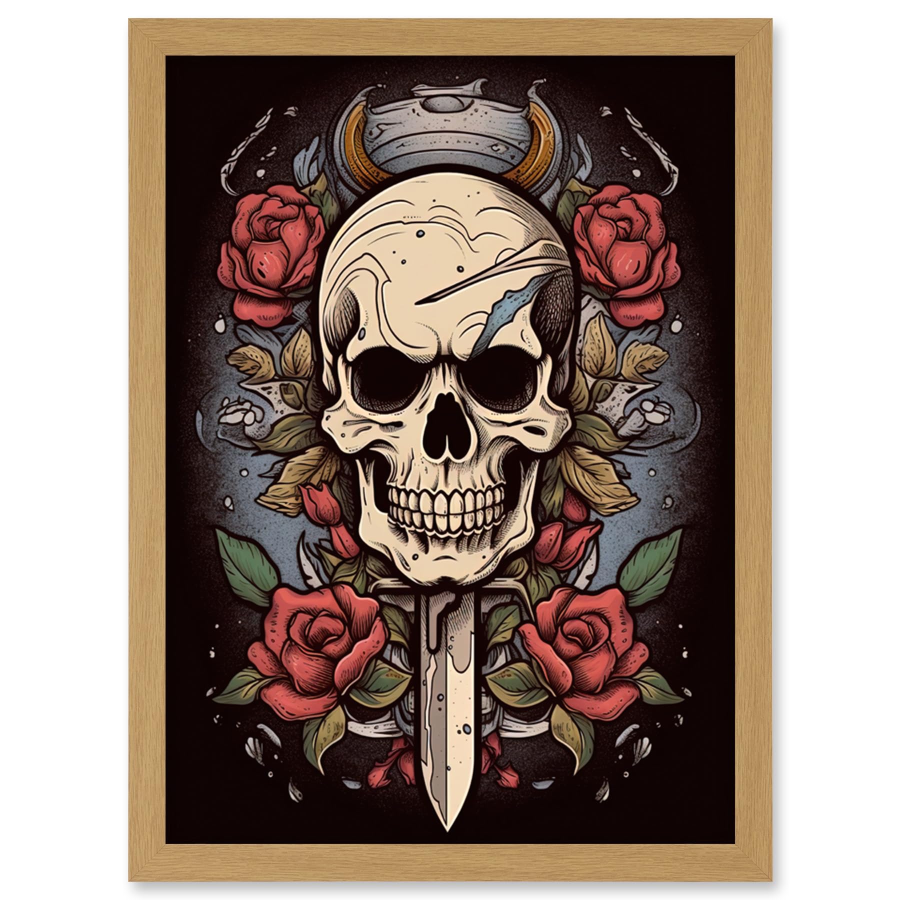 Artery8 Skull Dagger and Roses Tattoo Ink Body Art Rockabilly Americana 50s Artwork Framed Wall Art Print A4