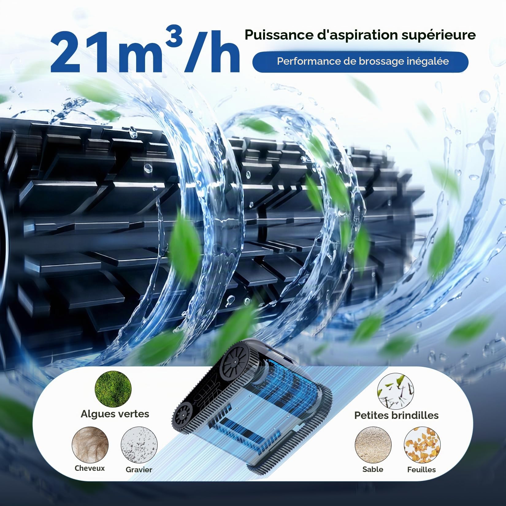 (Upgrade 2026) Pondee X5 Robot de Piscine sans Fil Fond et Parois, Aspirateur 21 m³/h Saugkraft, Navigation Intelligente, 3 Moteurs Brushless, Autonomie 180 Min, Ligne d'eau, Bassins jusqu'à 300m²