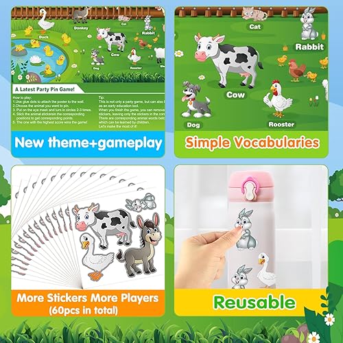 Miniatura 3 de ASTARON Pin The Farm Animal Game - Suministros de fiesta de cumpleaños de animales, 60 calcomanías de animales de 21 x 28 pulgadas, pósteres de