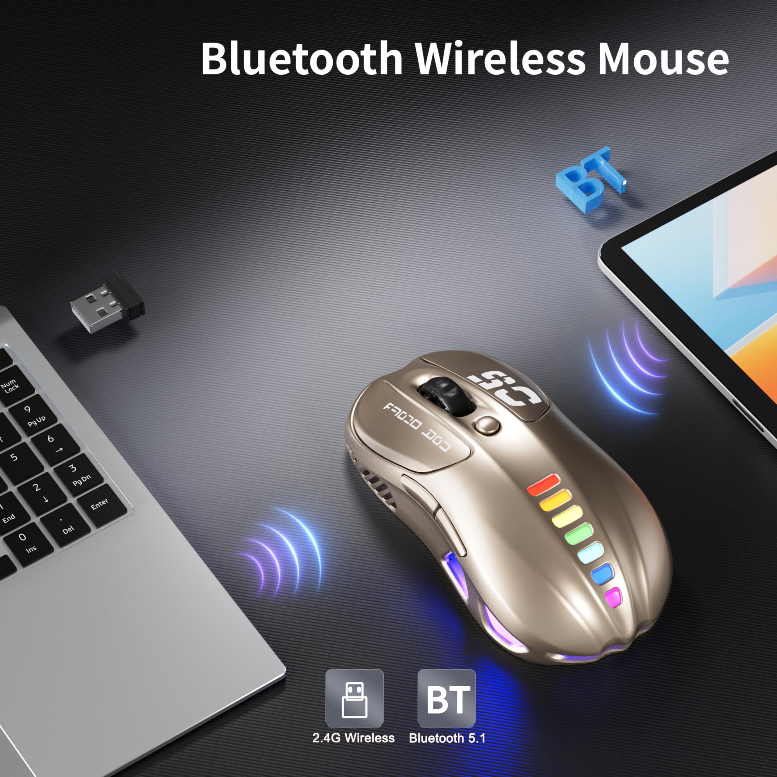 Uciefy Mouse wireless Buletooth, (BT5.1 e USB) Dual Mode ricaricabile LED, mouse ergonomico per computer portatile/PC, bronzo