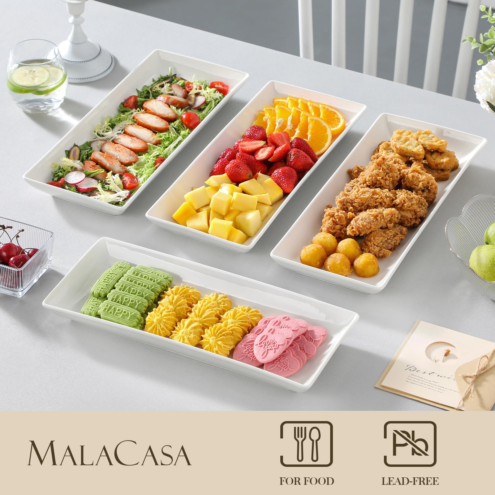 MALACASA 4 Pièces Assiette Plate Plat Hors-D'Oeuvre Dessert Rectangulaire en Porcelaine Service de Table, 14 x 6 inch/36 x 15.3cm, Blanc