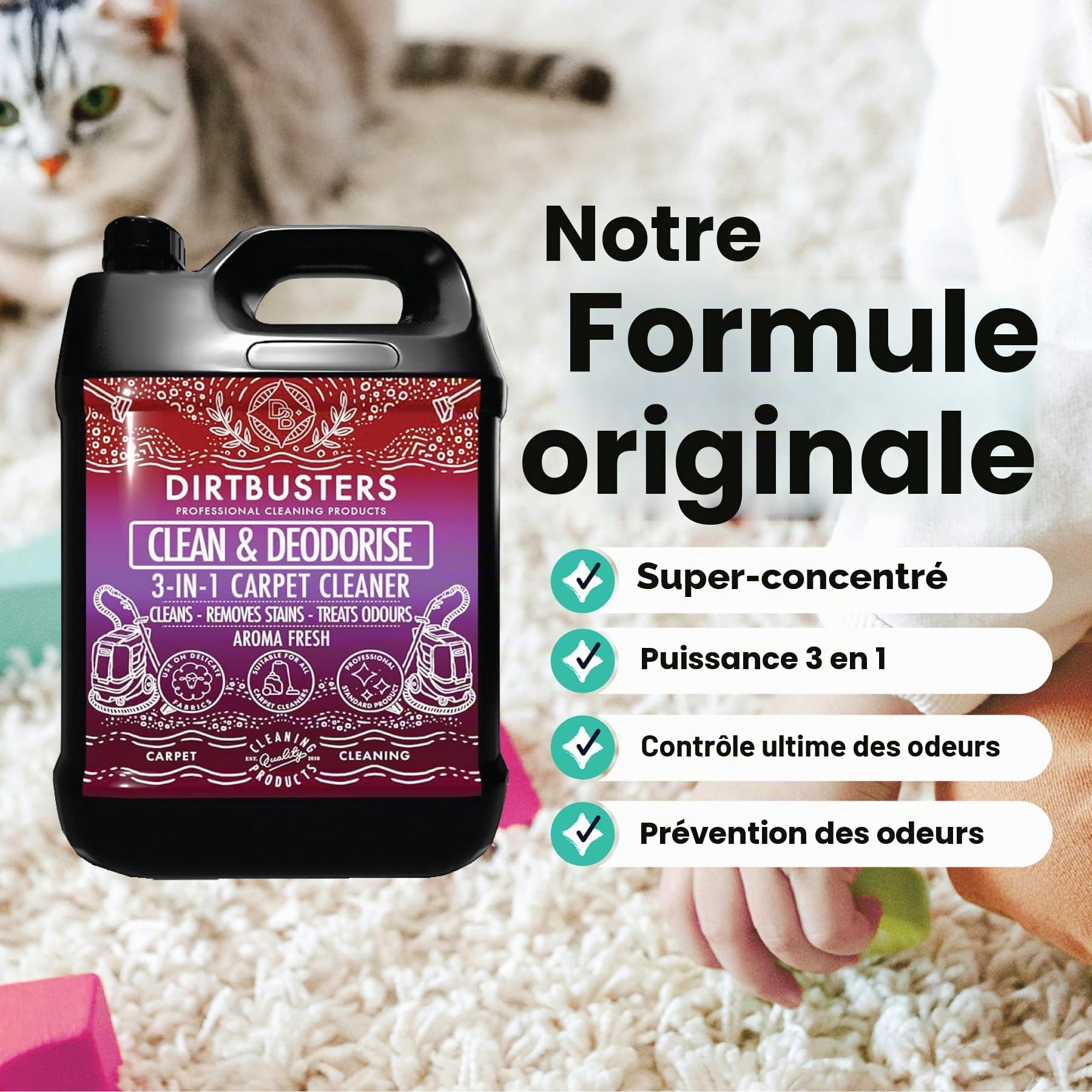 Dirtbusters Nettoyant Désodorisant Professionnel Concentré 3 en 1 pour Tapis Tissus - Neutraliseur d’Odeur, Parfum Huiles Essentielles, Shampooing des Moquette Machines Lavant par Extraction, 5L
