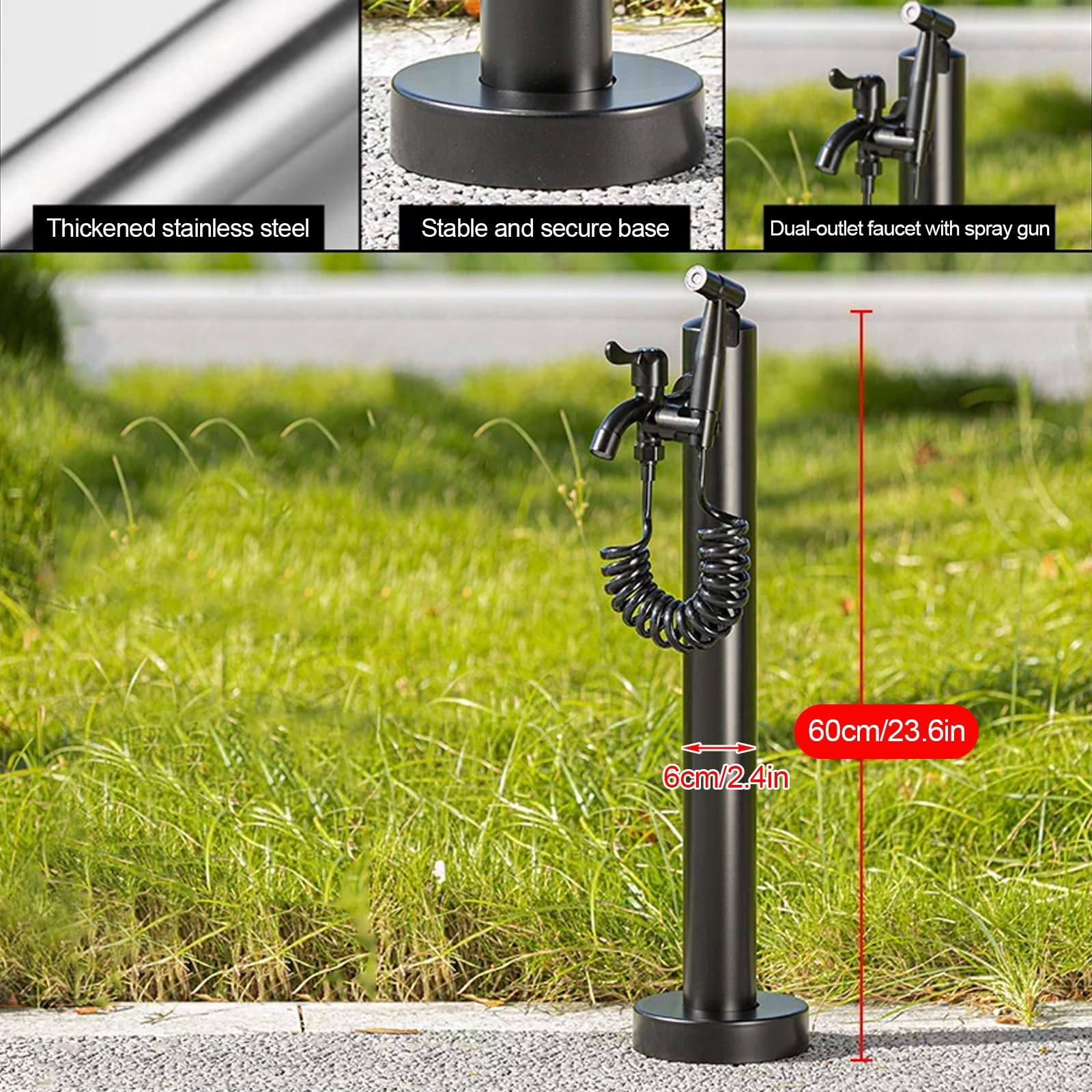 Colonna d'acqua verticale da giardino in acciaio inox con rubinetto e pistola a spruzzo, prolunga resistente al gelo per giardini, cortili, prati, terrazze, irrigazione e pulizia (60 cm / 23.6 in)