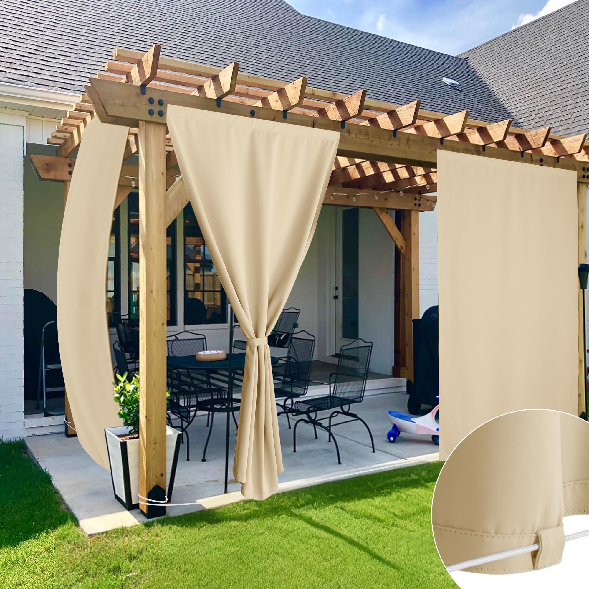 PONY DANCE Tende da Esterno con Chiusura in Velcro e Passanti Nascosti per Gazebo Termiche Curtains Impermeabile per Interni Tende da Sole per Balconi 2 Pezzi L 132 x A 213 cm, Beige