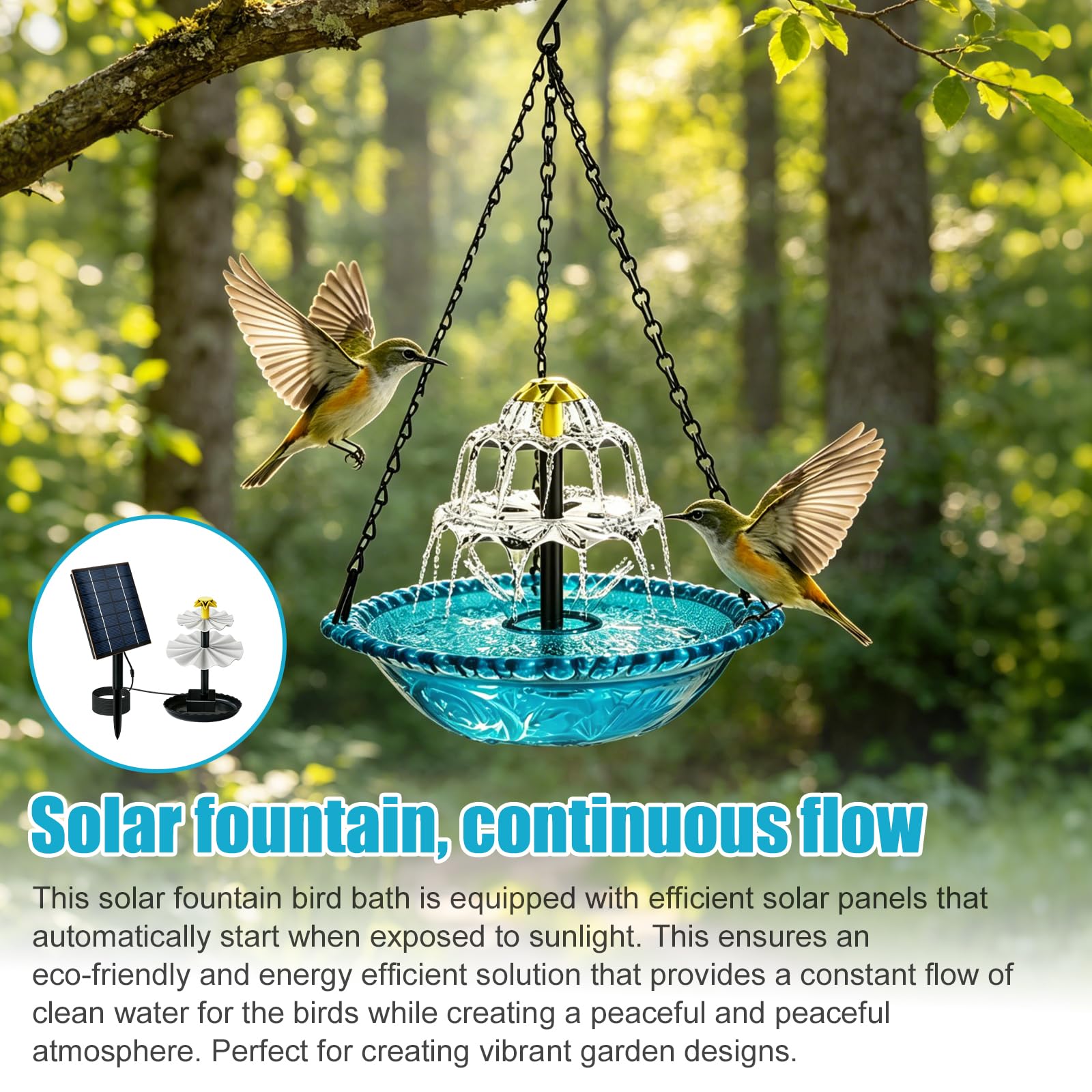 Bain d'oiseaux suspendu avec fontaine solaire, bain d'oiseaux à 3 niveaux avec eau courante, bain d'oiseaux solaire pour jardin, balcon, terrasse, bleu, chaînes en métal pour décoration et soin des
