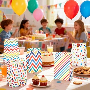 20 Stück Geschenktüten Kindergeburtstag 13 x 24 x 8cm Bunt Mitgebsel Papiertüten mit 51 Aufkleber Geburtstagstüten Kinder für Party Hochzeit Feiern