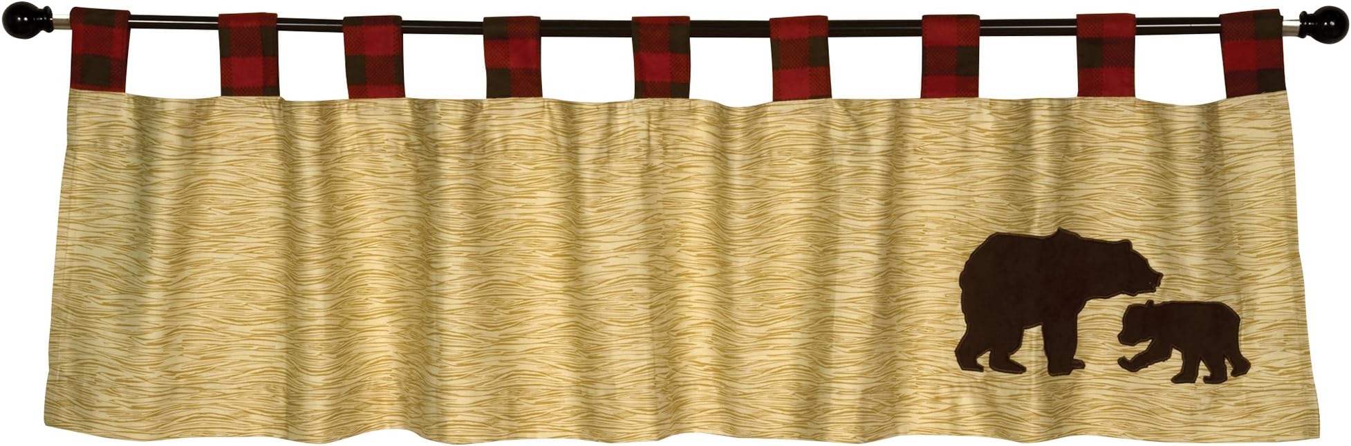 Northwoods Window Valance - Woodgrain Body, Buffalo Check Tabs, Tab Top, Bear Appliques, Tan, Red and Brown, 56 in x 15 in