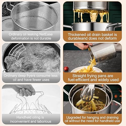 Miniatura 4 de Yuehuam Olla para freidora, pequeña olla profunda de acero inoxidable con cesta y pinzas para alimentos, olla para freír pescado, olla japonesa de