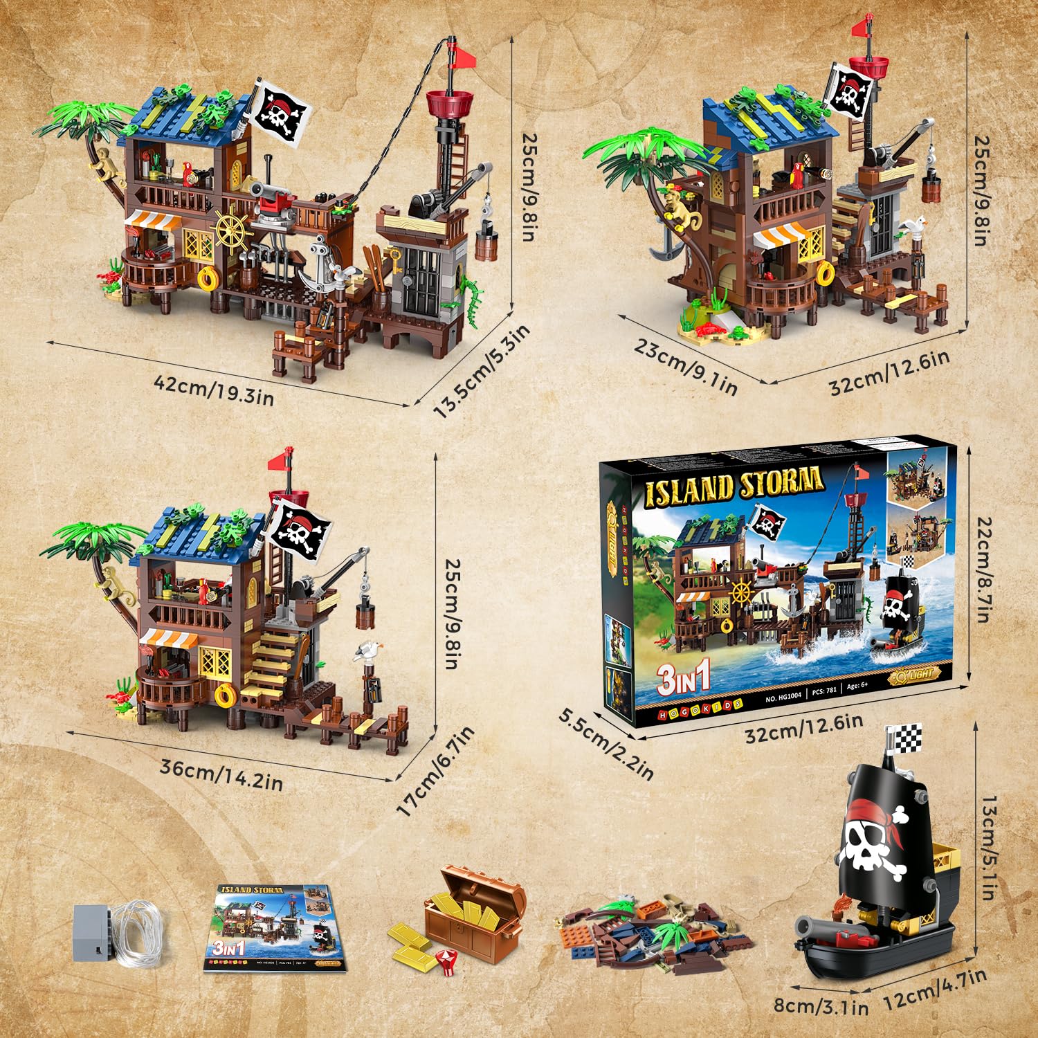 HOGOKIDS Set di costruzioni Porto dei Pirati LED, 3 modalità di visualizzazione, Nave dei Pirati, Giocattolo di costruzione creativo STEM, compleanno per bambini dai 6 ai 12 anni