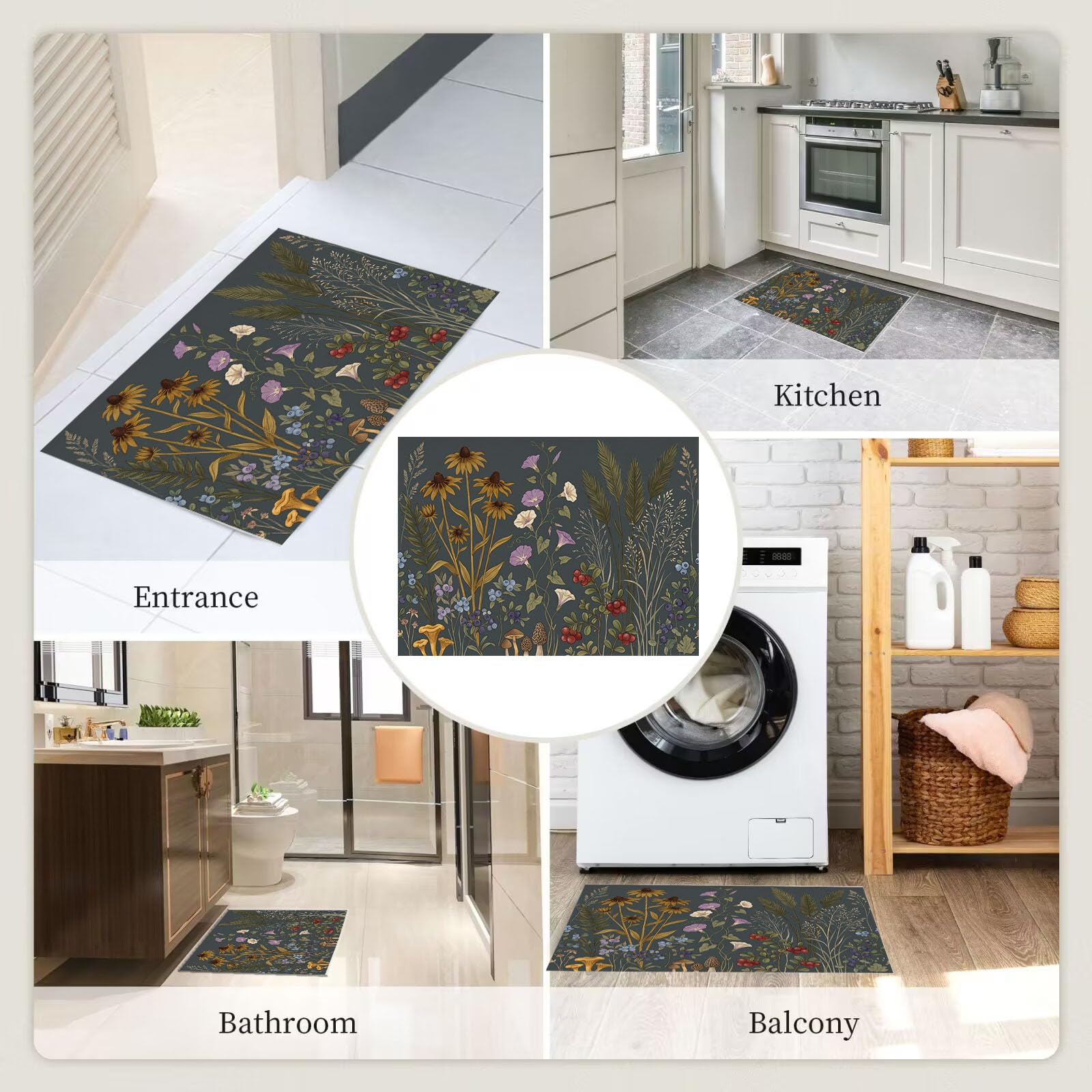 60X90Cm Zerbino Ingresso Interno Antiscivolo Assorbente, Tappeto Microfibra Sottile Lavabile Con Silhouette Retrò Fiori Selvatici Piante Naturali Rurali Per Cucina Bagno Porta Animali, Antracite