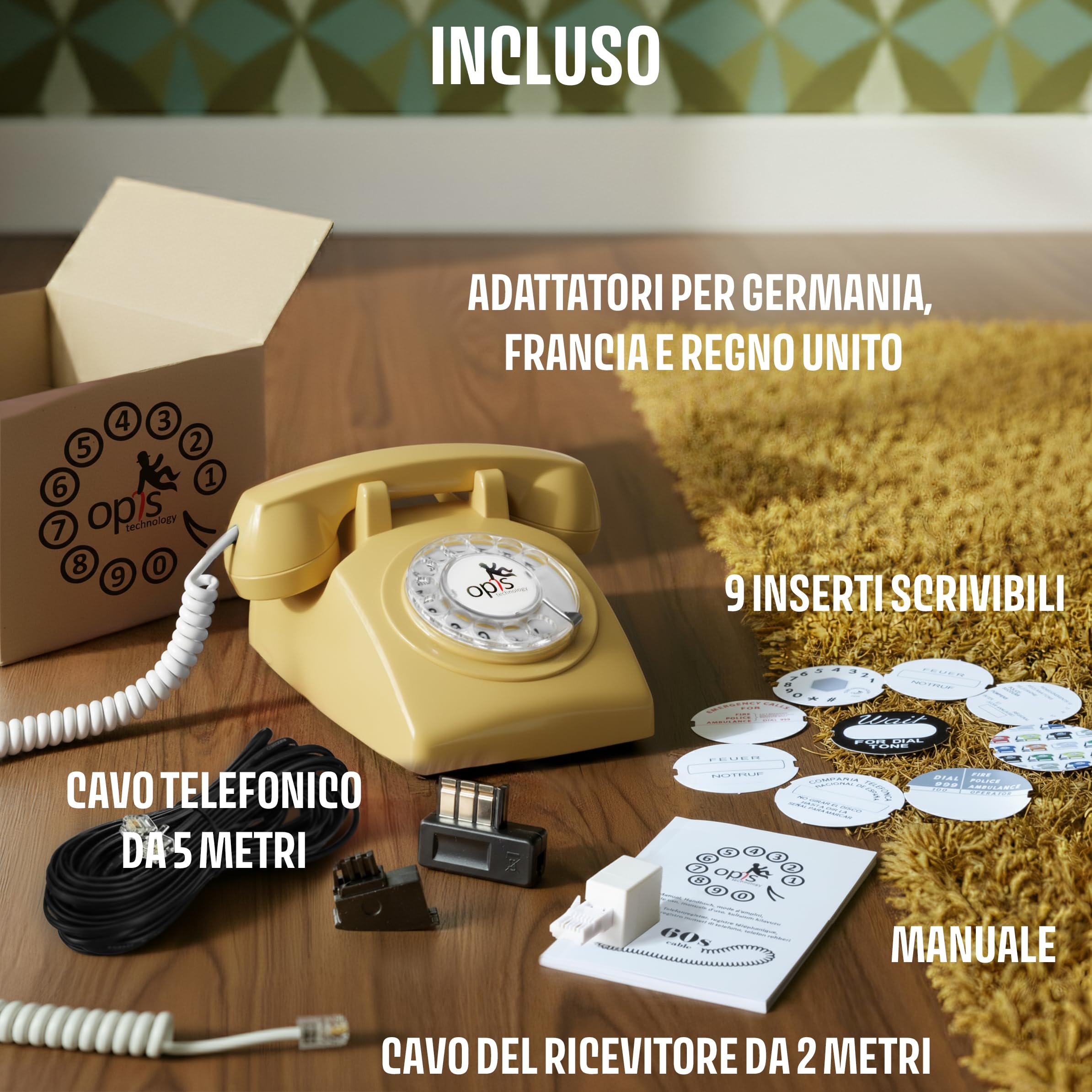 Opis Technology 60s Cable Telefono Vintage Fisso a Disco – Telefono Fisso Casa Retrò Anni 60 con Vera Suoneria Metallica e Disco Combinatore Meccanico – Beige