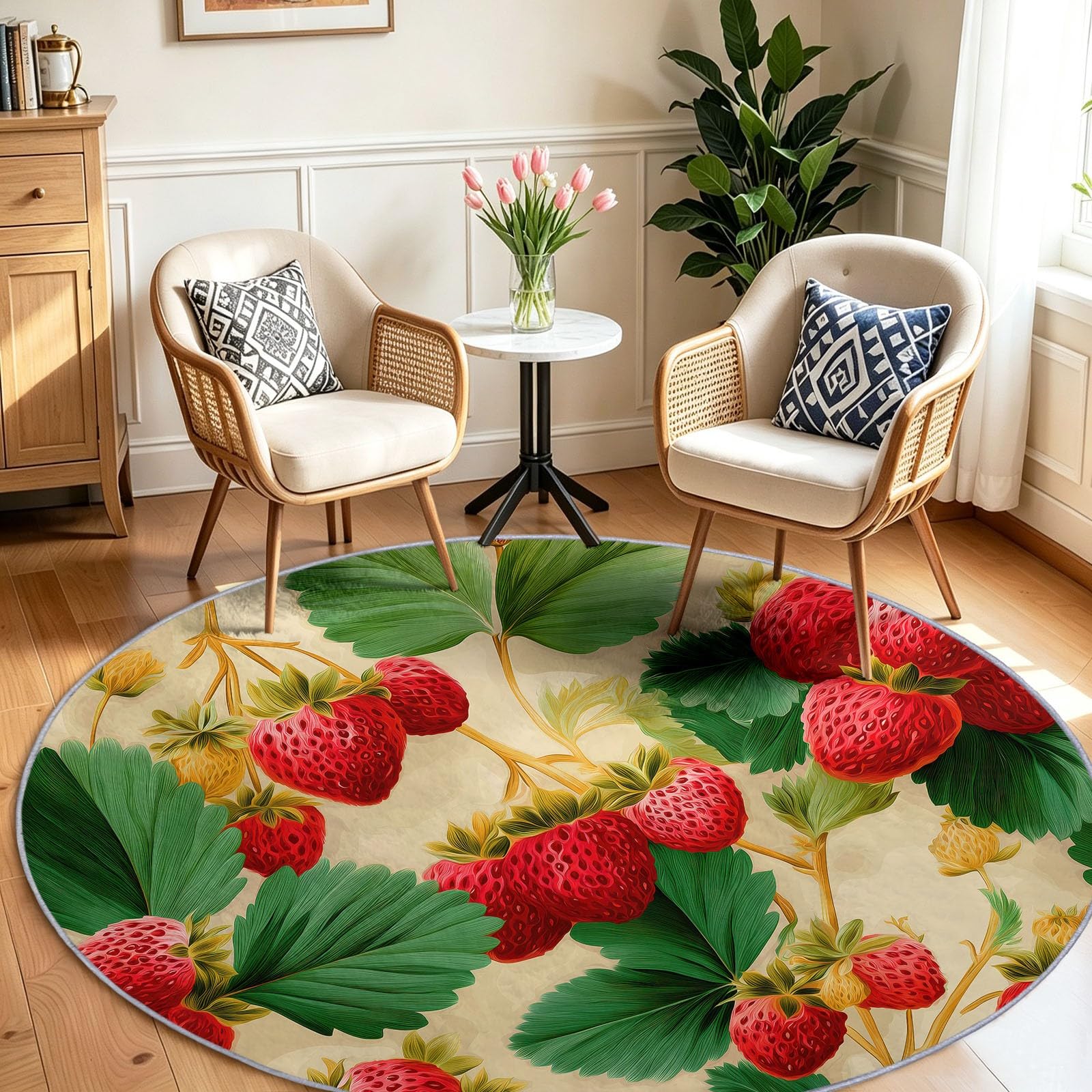 Générique Tapis Enfant Rond Chambre d'enfant Filles Garçons, Botanique Vintage Tapis Rond Lavable & Antidérapant pour Salon Chambre Cuisine Salle à Manger Chambre (200 cm, Fraises Feuilles Vertes)