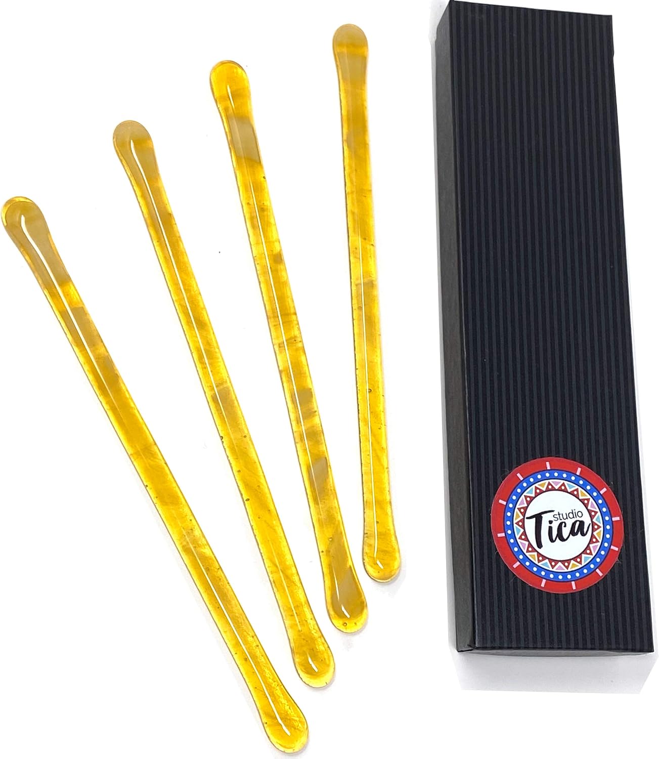 Handmade Glass Swizzle Sticks: Golden White (Modern Art) - 7.25 inch stirrer for Coffee Tea and Mugs - Set of 4 with Gift Box by studioTica