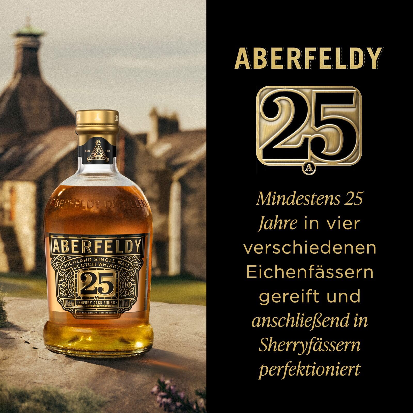 Aberfeldy 25 Jahre Single Malt Scotch Whisky, 40 Vol.-%, 70 cl/700 ml, in Oloroso-Sherry-Fässern gereift als 1. Whisky-Abfüllung nach dem Sherry