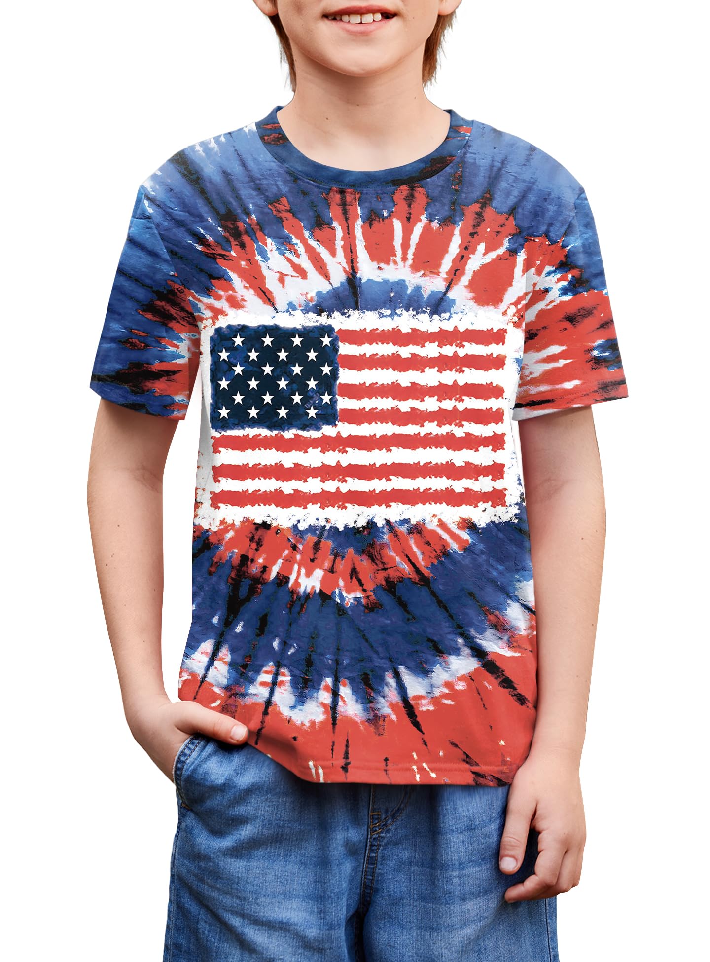 BesserBay Unisex Kids 4th of July American Flag Tee Tie Dye Patriotic Short Sleeve Shirt 6-14 Years