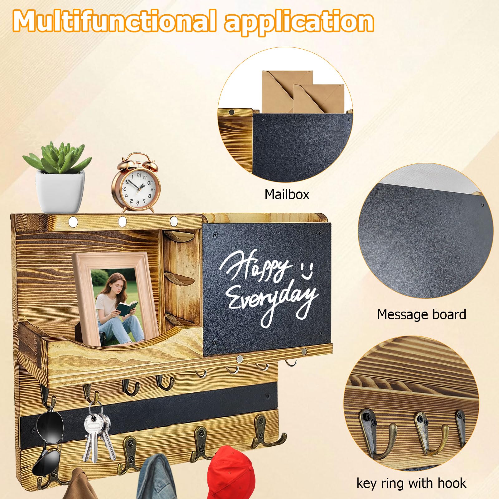 Porta Llaves de Pared de Madera con Compartimento de Almacenamiento, 8 Ganchos y 4 Ganchos Dobles, con Tablón de Anuncios, Apto para Llaves, Sombreros, Ropa, Bolsos