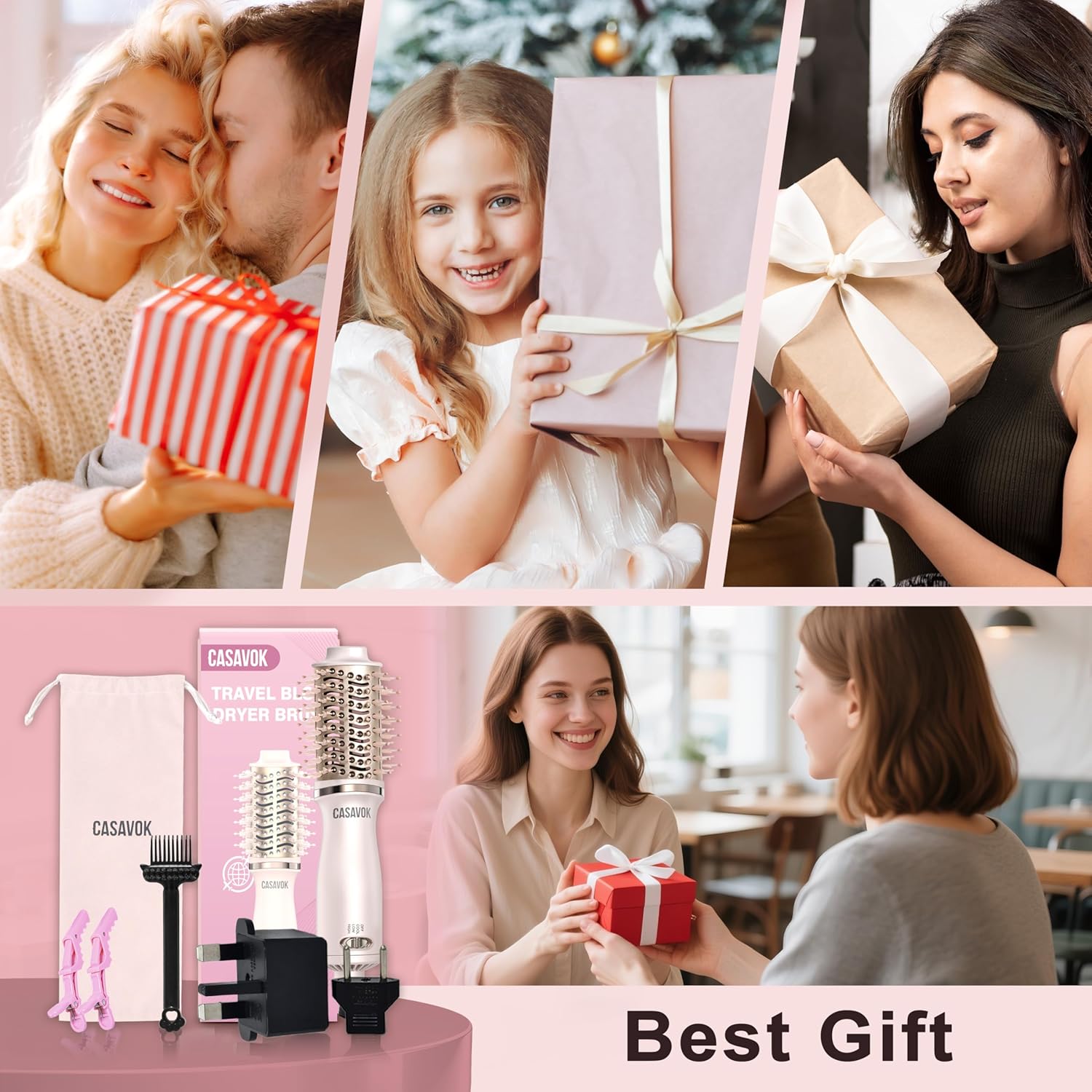 Dual Voltage Hair Dryer Brush for Travel,4 in 1 Blow Dryer Brush,2 Inch Mini Hot Air Brush for Short Hair,Volumizer,120-240V Dual Voltage with European Plug Adapter,OvalBrushBlowDryer for Women(Pink)