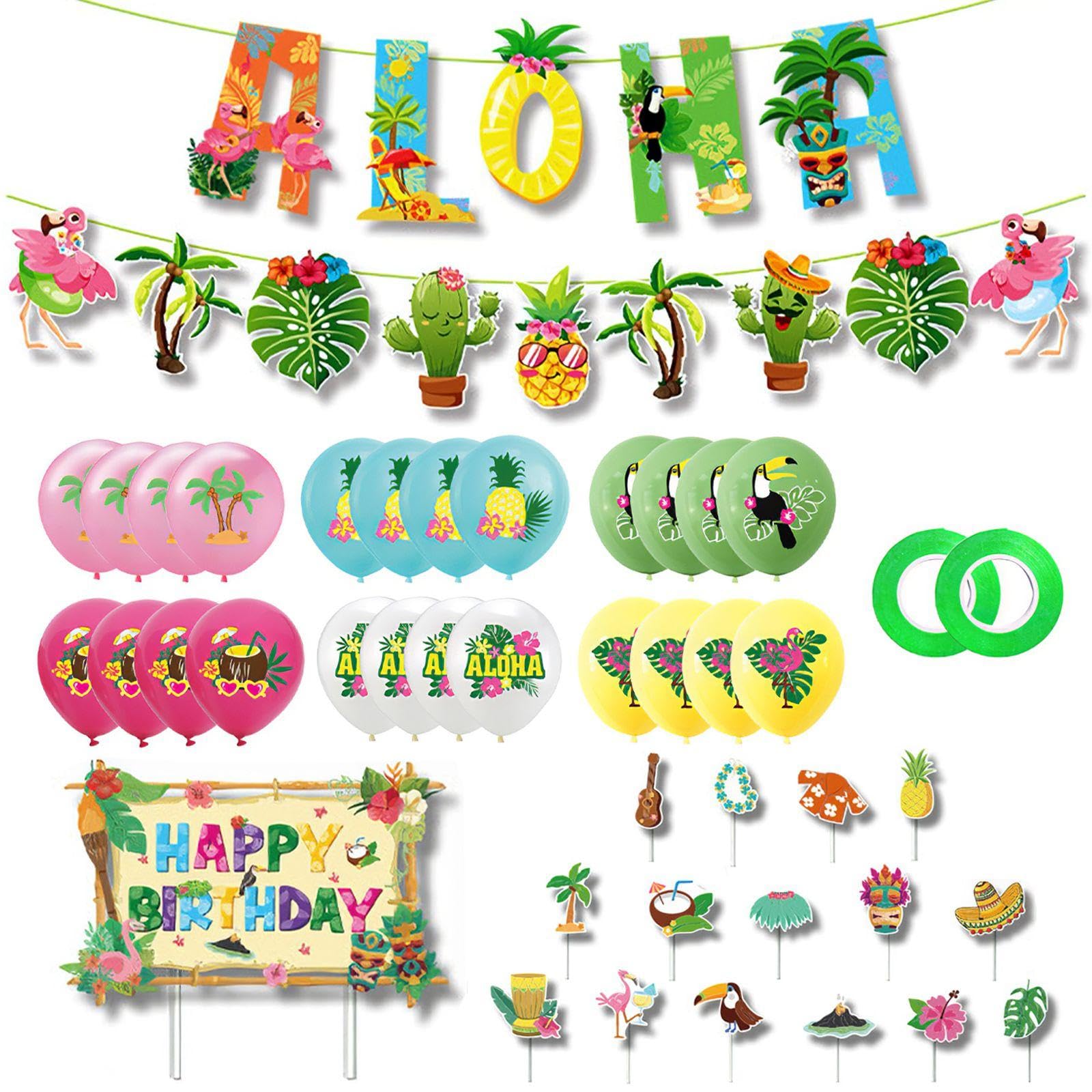 1 Piece Of Hawaiian Flag, 16 Pieces Of Cake Card Inserts, 24 Pieces Of Balloons, 2 Pieces Of Green Ribbons, Creative Cartoon Decorations, Party Scene Arrangement.