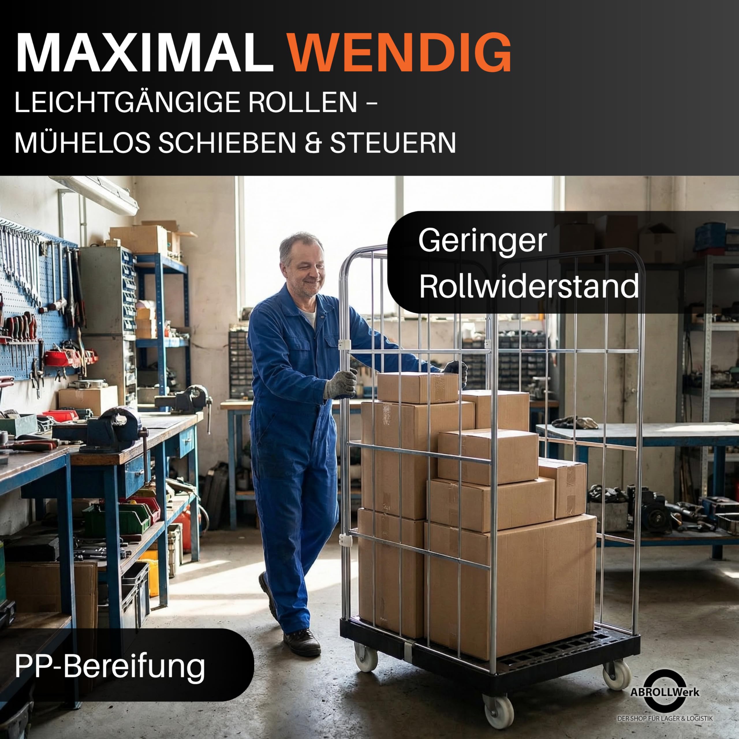 Rollbehälter 1350 mm Nutzhöhe (500 kg Traglast), Kunstoffplatte schwarz, 3-seitig, Maße 724 x 815 x 1530 mm – robuster Gitterwagen Typ Cr3-verzinkt für Garage, Lager, Transport und Logistik