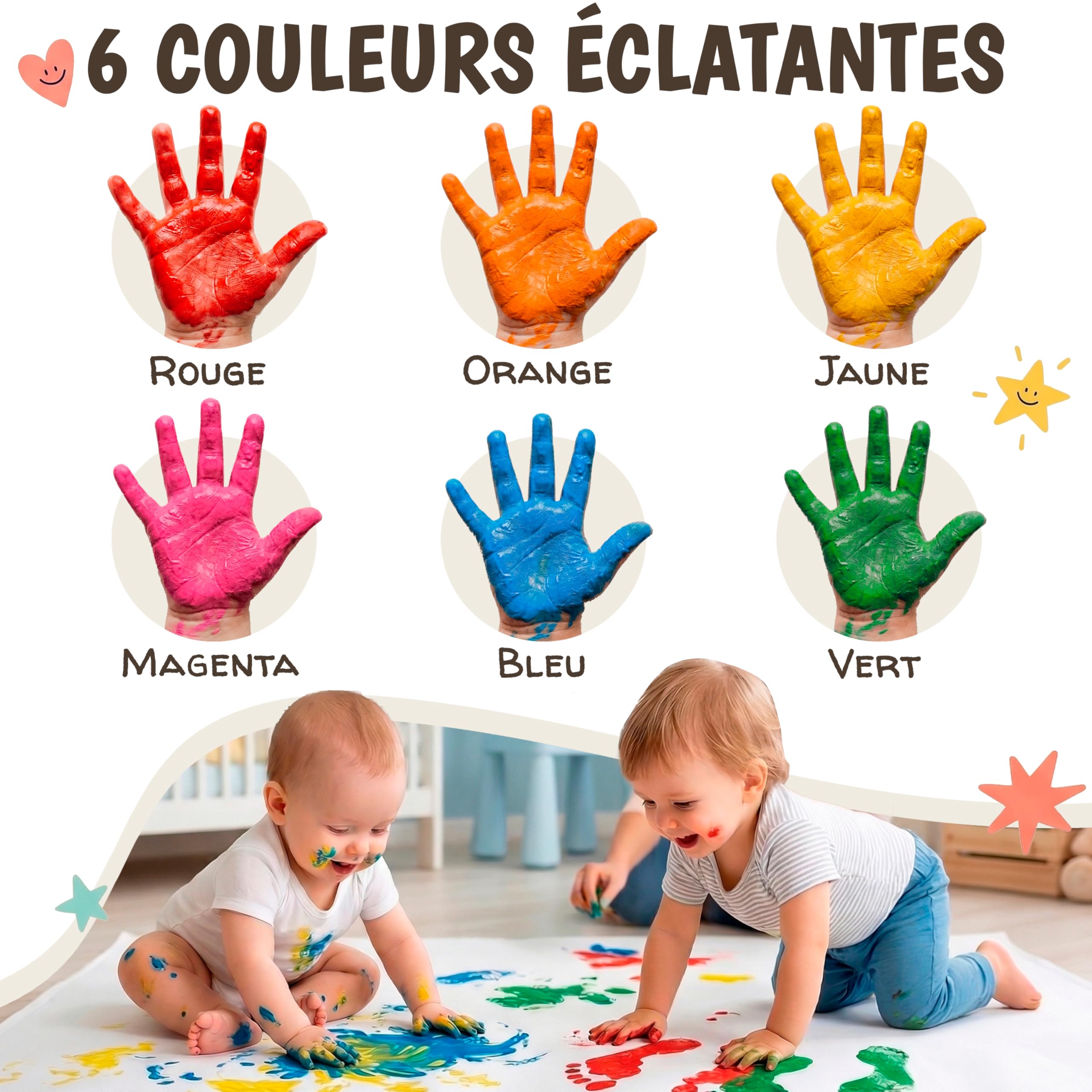 Peinture Doigt Lavable Enfant - Kit 8 Couleurs 60ml - 2 Pinceaux + Palette - Dès 1 An - Gouache Débutant