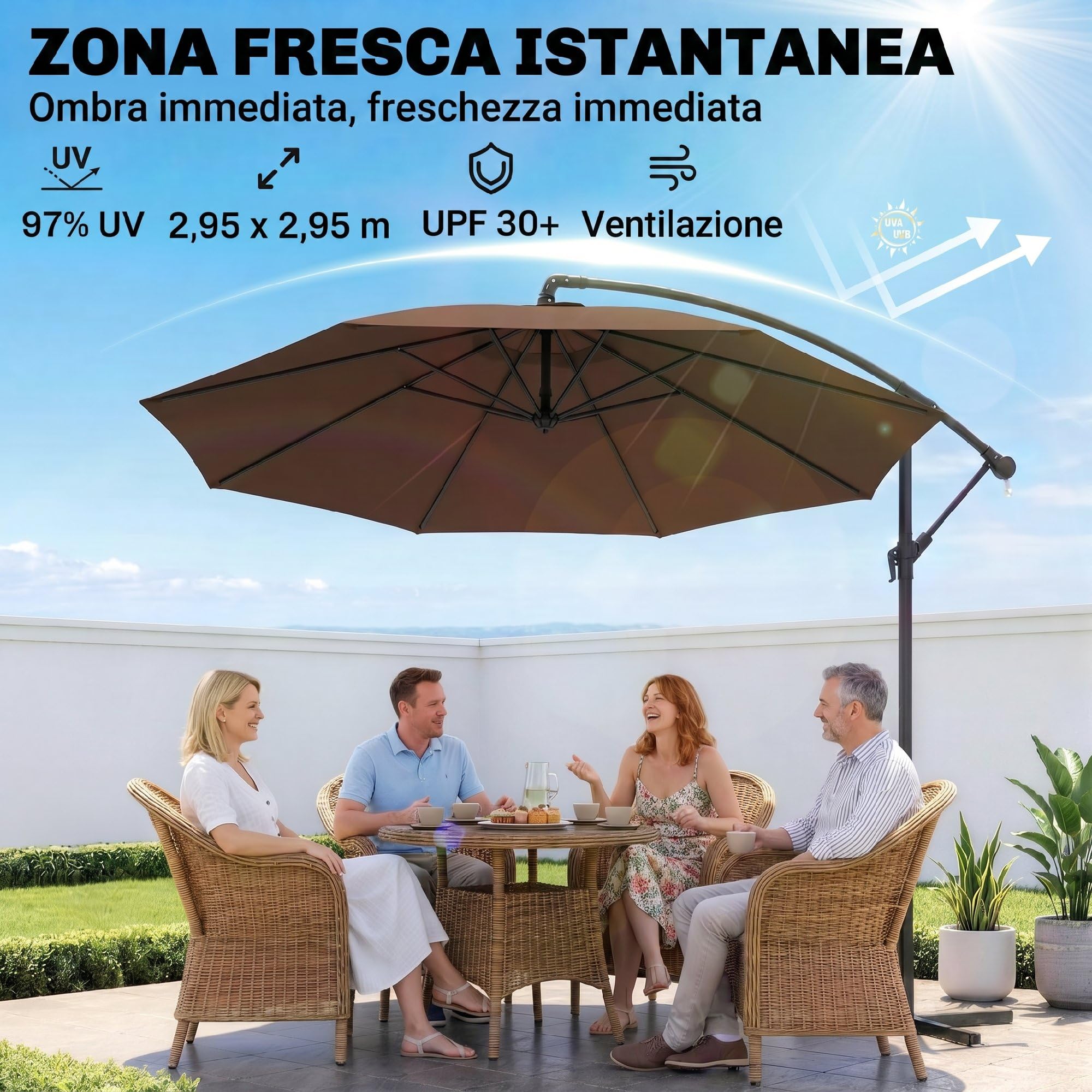 Outsunny Ombrellone da Giardino 3x3m con Tettuccio Regolabile, Base a Croce, Prese d'Aria, Manovella, Ombrellone Decentrato Inclinabile in Acciaio e Poliestere, per Cortile Terrazza, Marrone