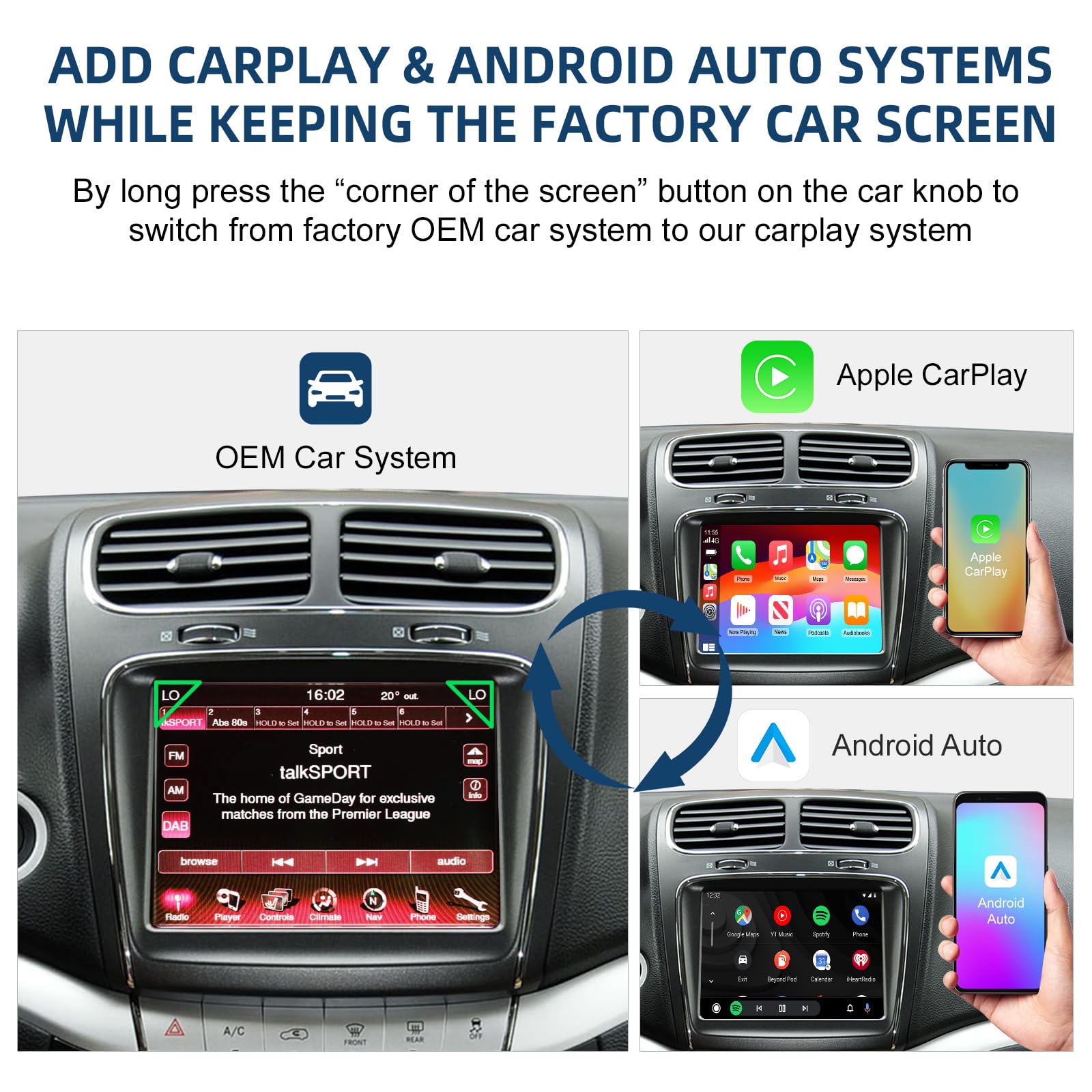 LEXXSON Bezprzewodowy dekoder CarPlay do FIAT Freemont 2013-2018 z ekranem o przekątnej 5,8" do 8,4", kabel / bezprzewodowy Android Auto nawigacja Bluetooth, sterowanie fabryczne WiFi, Plug & Play
