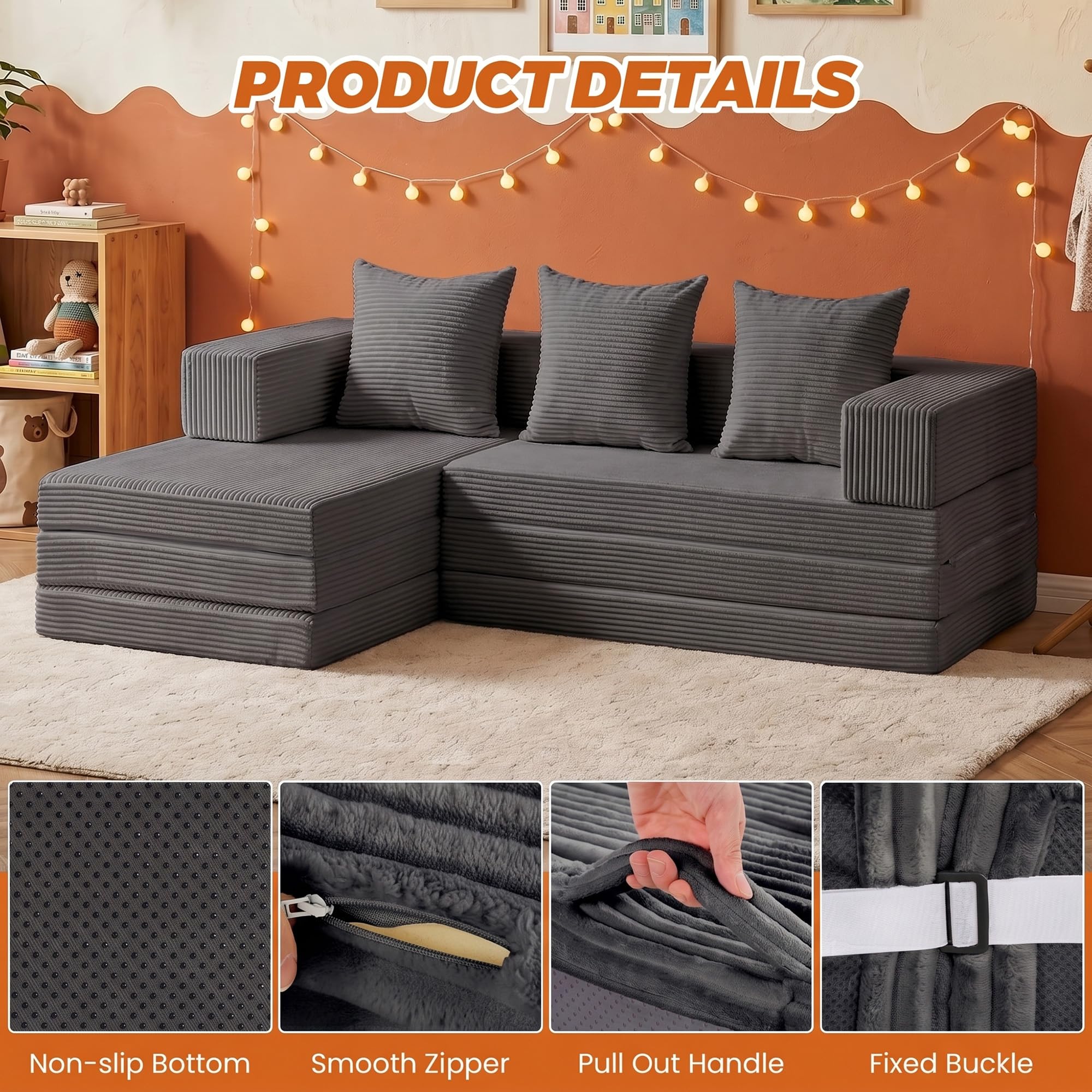 6-in-1 Tri-Folding Mattress | Cloud Boneless L-Shaped Modular Sectional Couches | Corduroy Pet-Friendly Convertible Futon Sofa Bed with 800LB Capacity Apartment, Guest Room, Game Room