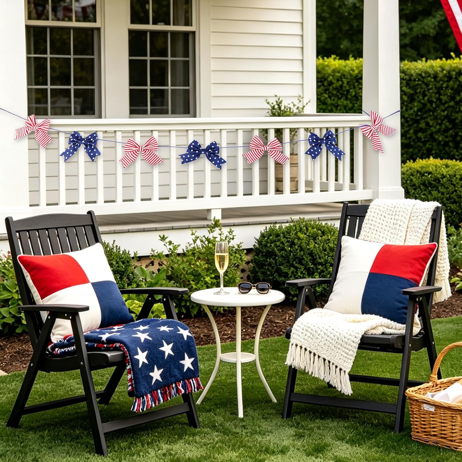 4th of July Garland 6FT, Patriotic Red White Blue Bow Garland with Alternating Bows for Independence Day Memorial Day Labor Day Party Decorations