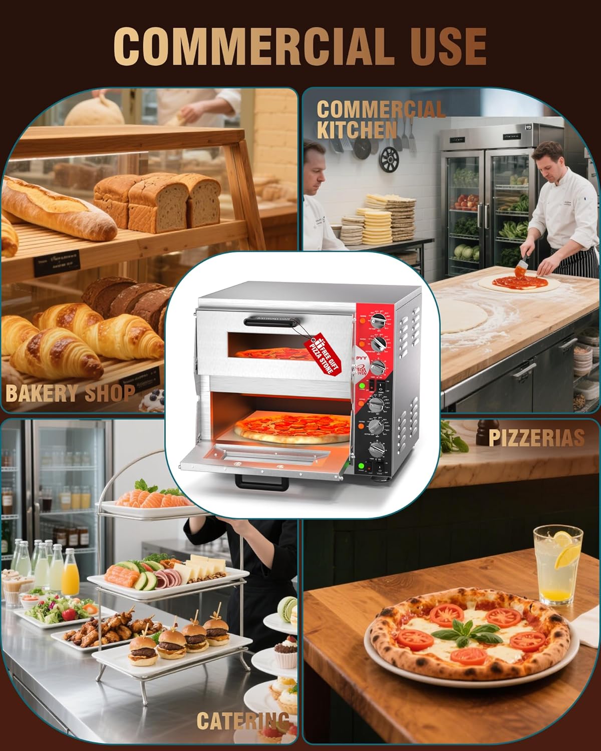 PYY 16" Indoor Electric Double Decker Pizza Oven w/Pizza Stone for Restaurant Home,Countertop Pizza Oven with 60-min Ring Timer, Commercial Pizza Oven with 4 Large Heat Tube, 3200W, ETL listed,Grey