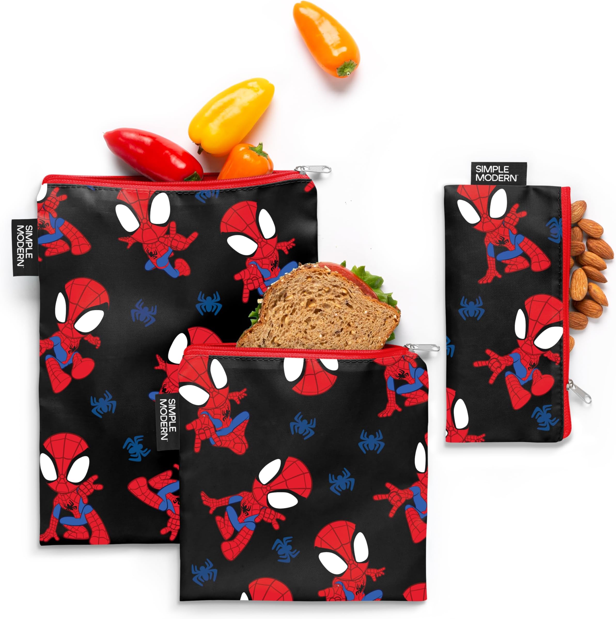 Marvel Reusable Snack Bags for Kids, Girls, Boys | Food Safe, BPA & Phthalate Free Polyester Zip Pouches | Washable & Refillable Sandwich Bag | Ellie Collection | 3 pack | Go Spidey Go