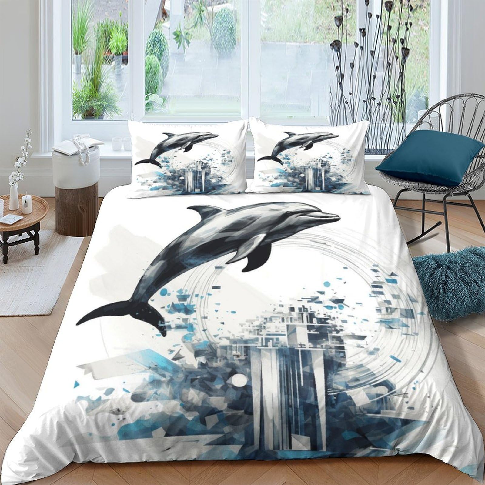 Housse couette imprimé dauphin 3D microfibre parure de lit animaux marins