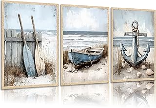 3Pcs Nautical Beach Wall Art Sailboat Paddle and Anchor Paintings Pictur...