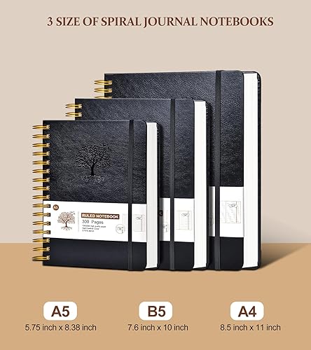 Miniatura 10 de Cuaderno con espiral rayado, 300 páginas de tapa dura de cuero para mujeres y hombres, cuadernos universitarios grandes B5, papel grueso de 100 GSM,