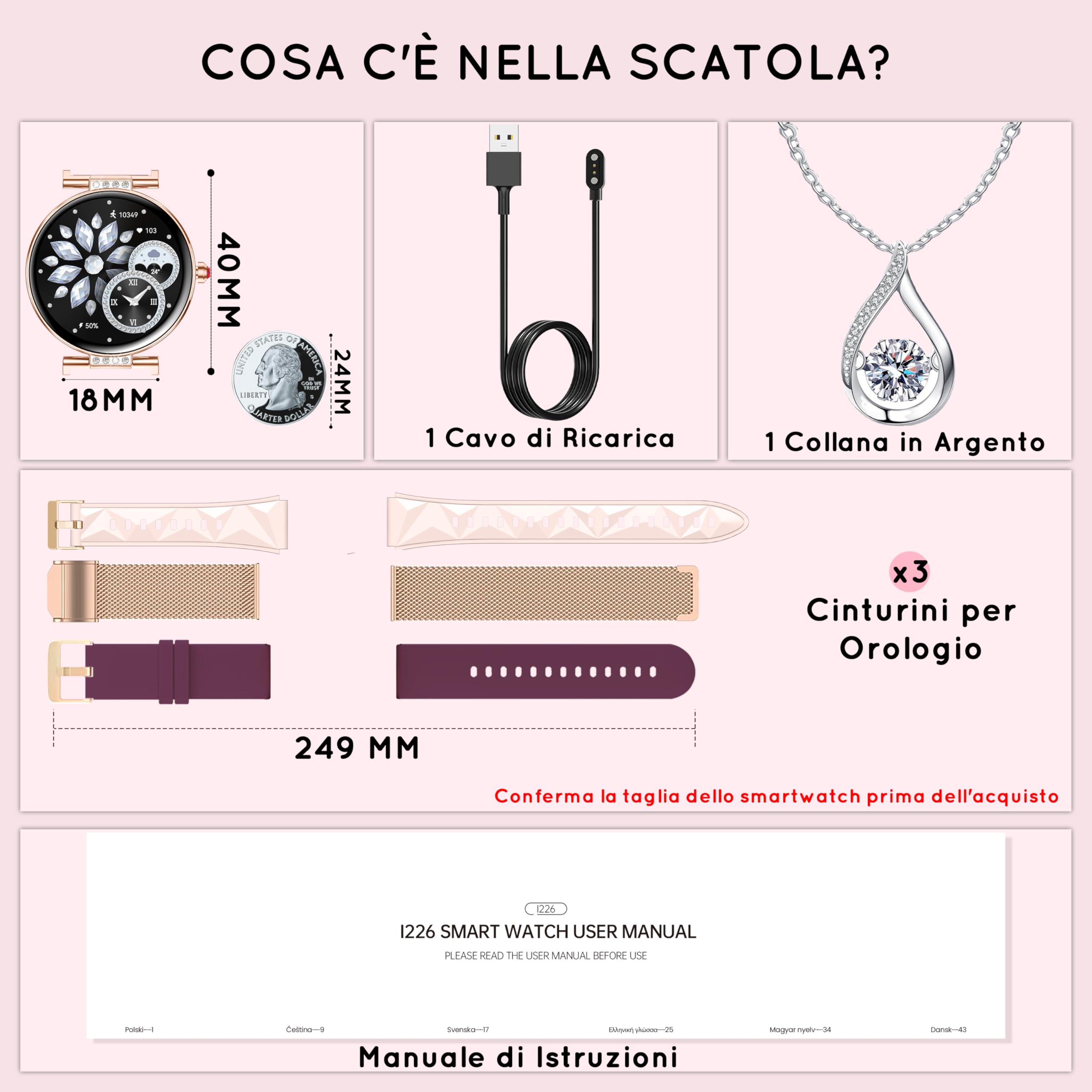 Smartwatch Donna 1.19'' AMOLDE Orologio Intelligente Donna con Chiamate Bluetooth/Notifiche WhatsApp/Sonno SpO2 Frequenza Cardiaca, 120+ Modalità Sportive Contapassi Smartwatch, Oro Rosa/3 Cinturino