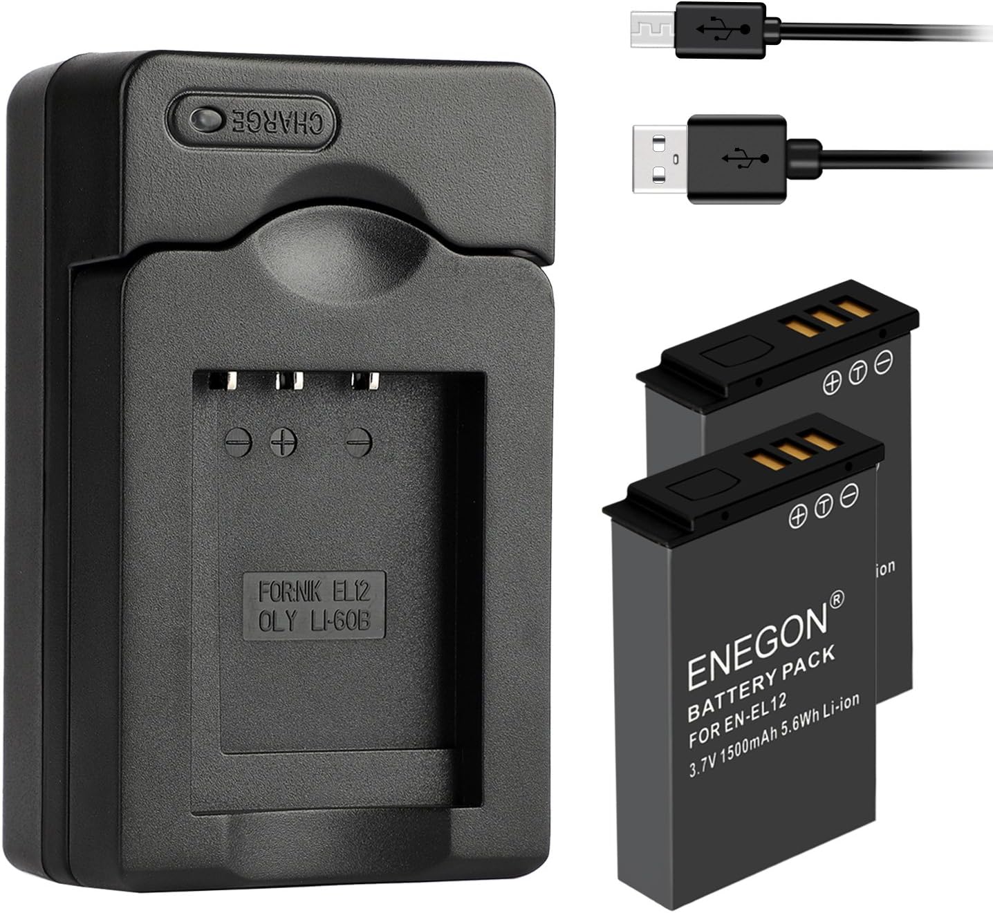 ENEGON Replacement Battery (2-Pack) and USB Charger for Nikon EN-EL12, KeyMission 360, KeyMission170, Coolpix AW100, AW100S, AW130, A900, W300, S800C, S6300, S9900, S1200pj Cameras